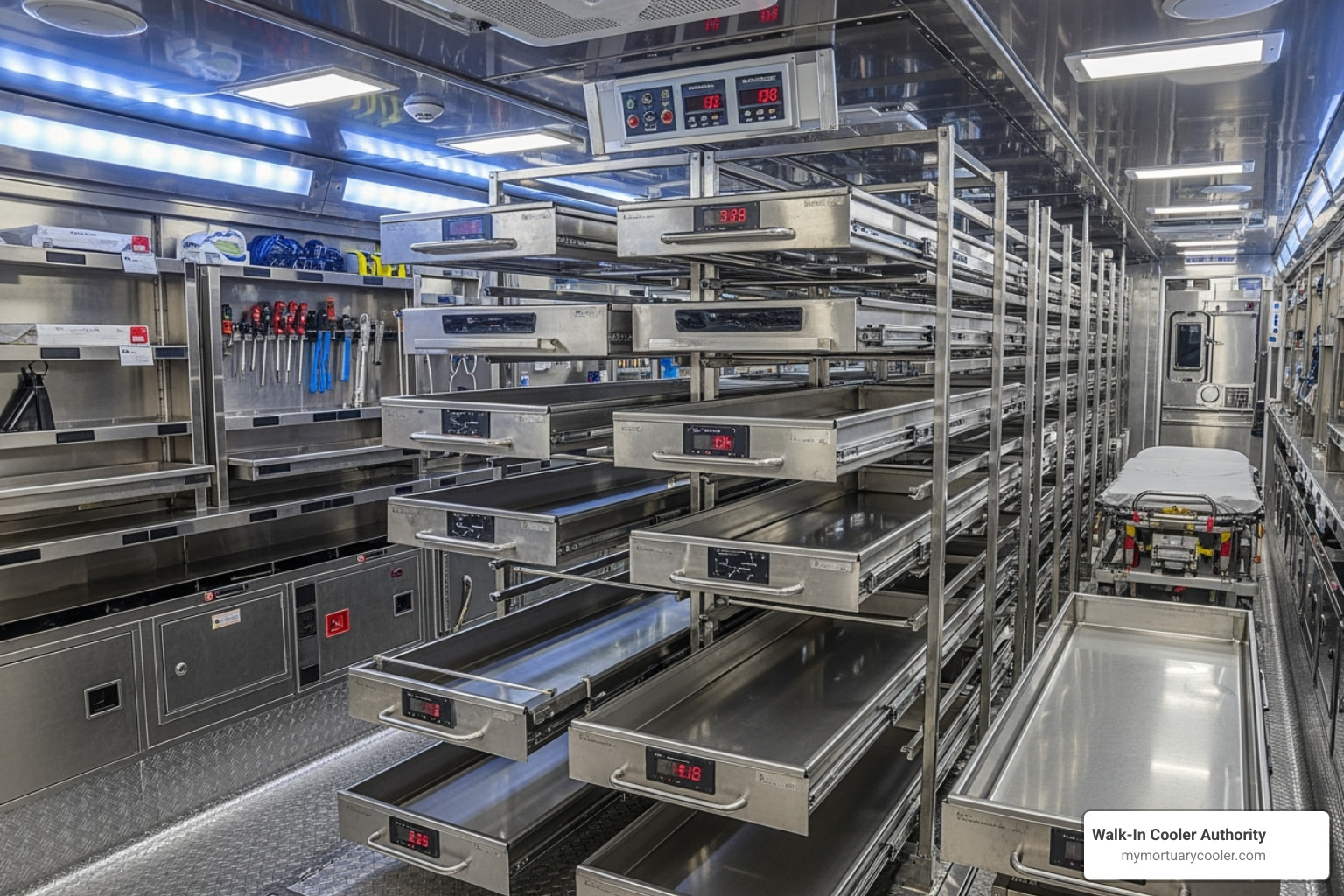 Interior racking system of a mobile mortuary unit with stainless steel trays - mobile mortuary units