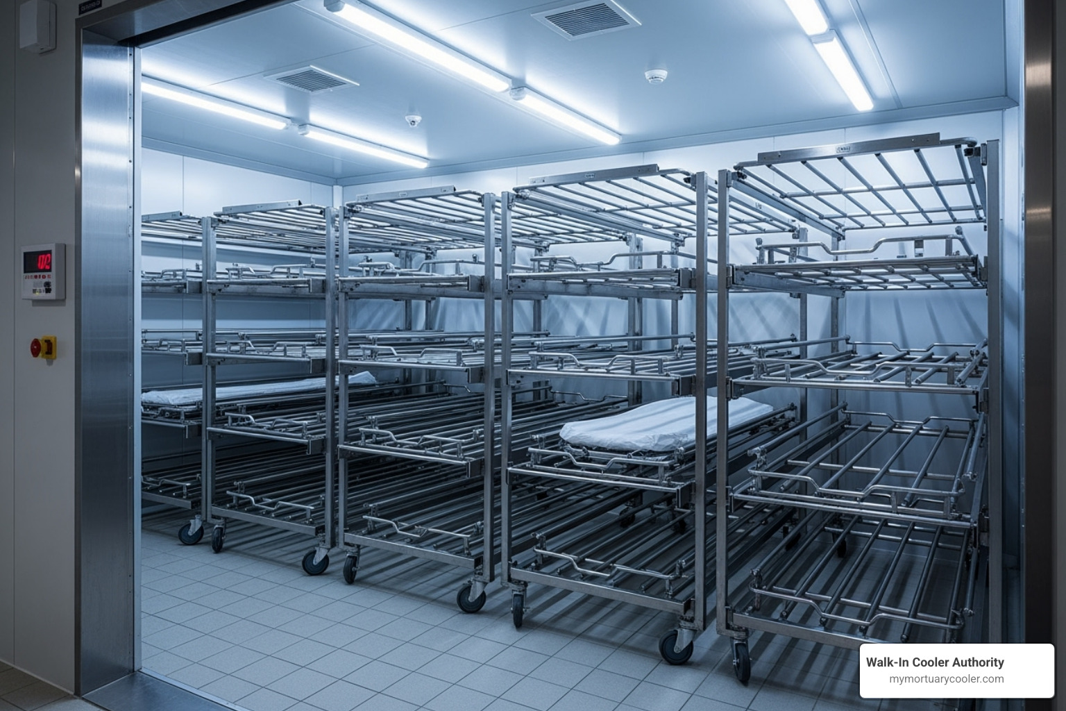 large, organized walk-in mortuary cooler with a multi-tier rack system - Upright vs Roll-In vs Walk-In: Which Mortuary Cooler Fits Your Facility?