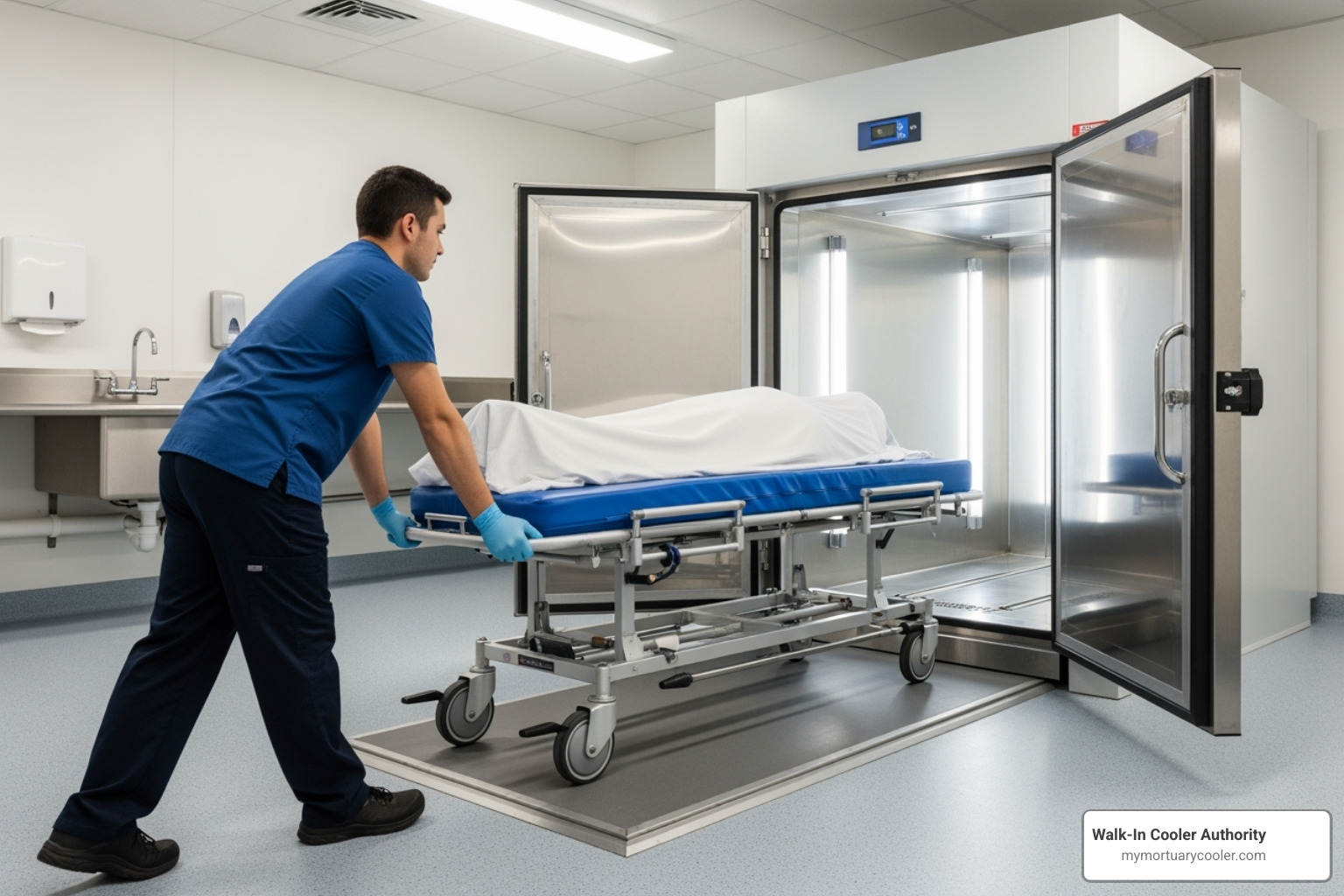 staff member easily rolling a mortuary cot into a roll-in cooler - Upright vs Roll-In vs Walk-In: Which Mortuary Cooler Fits Your Facility?