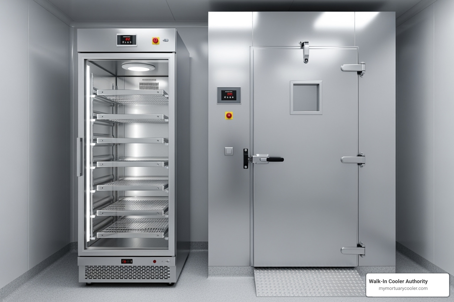 side-by-side comparison of an upright cabinet cooler and a walk-in cooler - Funeral Home Cooler: Complete Buyer's Guide (2025/2026)