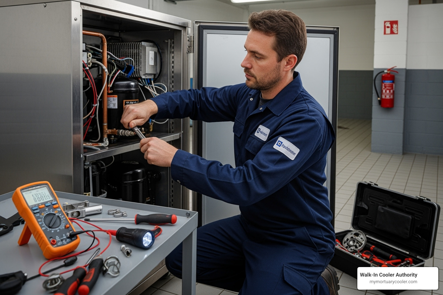 technician performing maintenance on a refrigeration unit - Funeral Home Cooler: Complete Buyer's Guide (2025/2026)