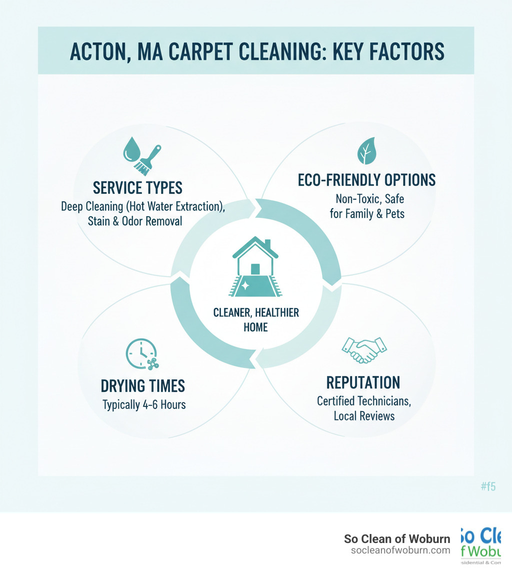 Infographic detailing key factors for selecting a professional carpet cleaning service in Acton, MA, including service types, eco-friendly options, and drying times - carpet cleaning acton ma infographic 