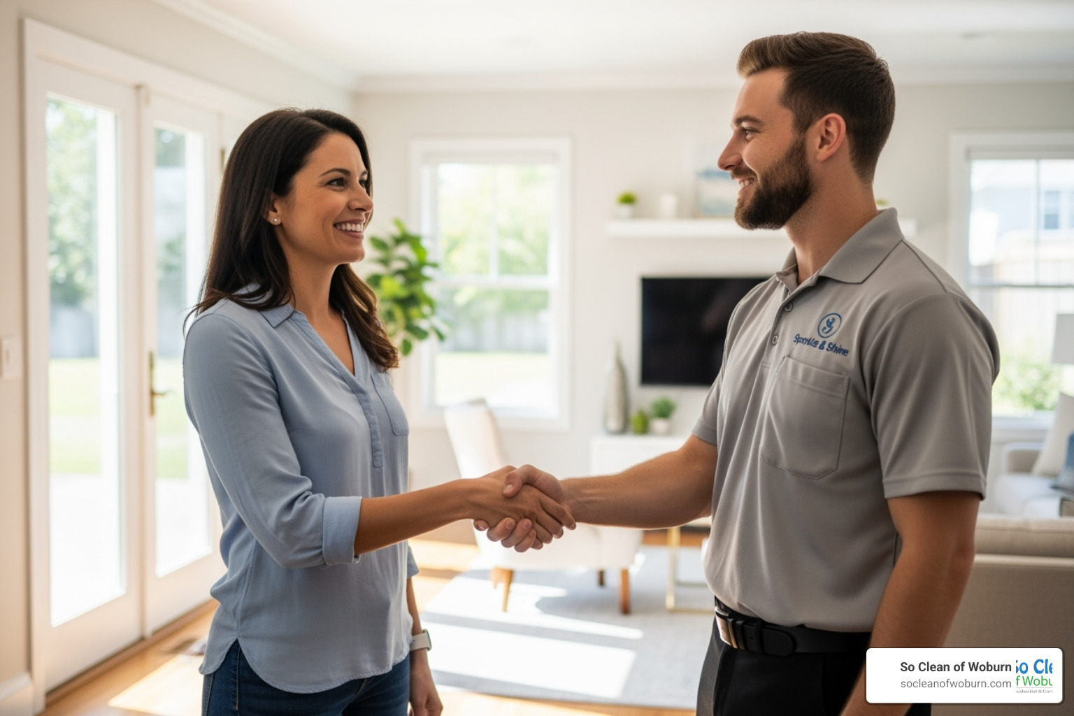 A homeowner happily shaking hands with a uniformed cleaning professional - carpet cleaning acton ma