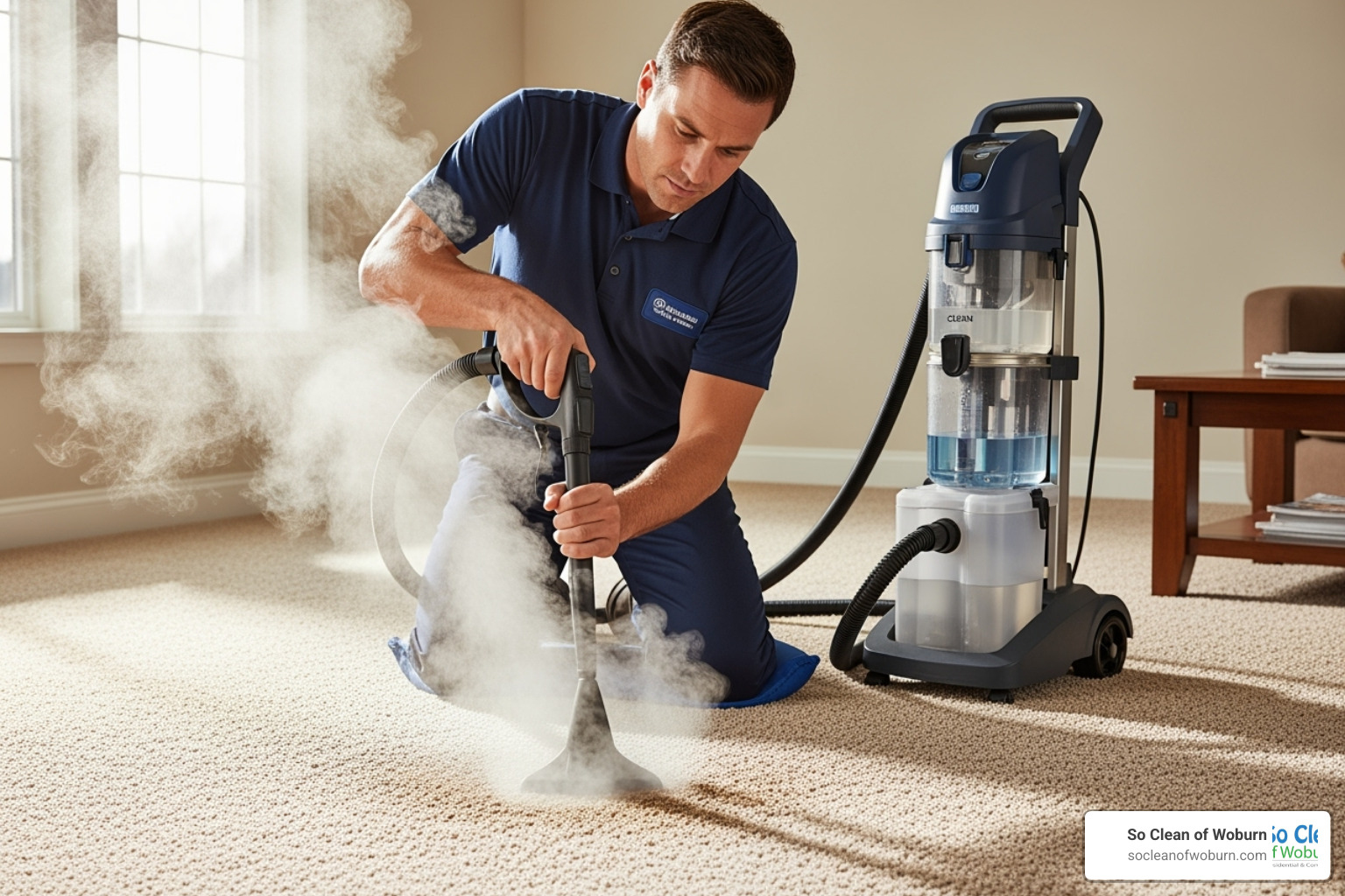 A professional technician using a steam cleaner on a carpet - carpet cleaning acton ma