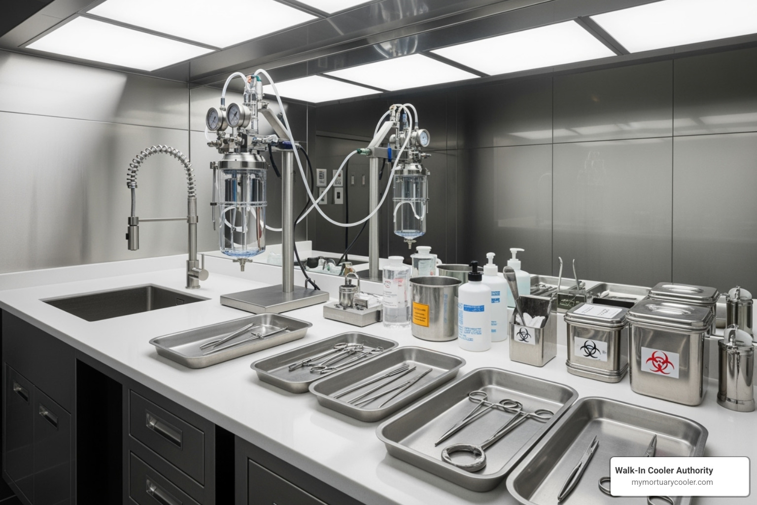 modern embalming station with stainless steel surfaces - funeral director equipment