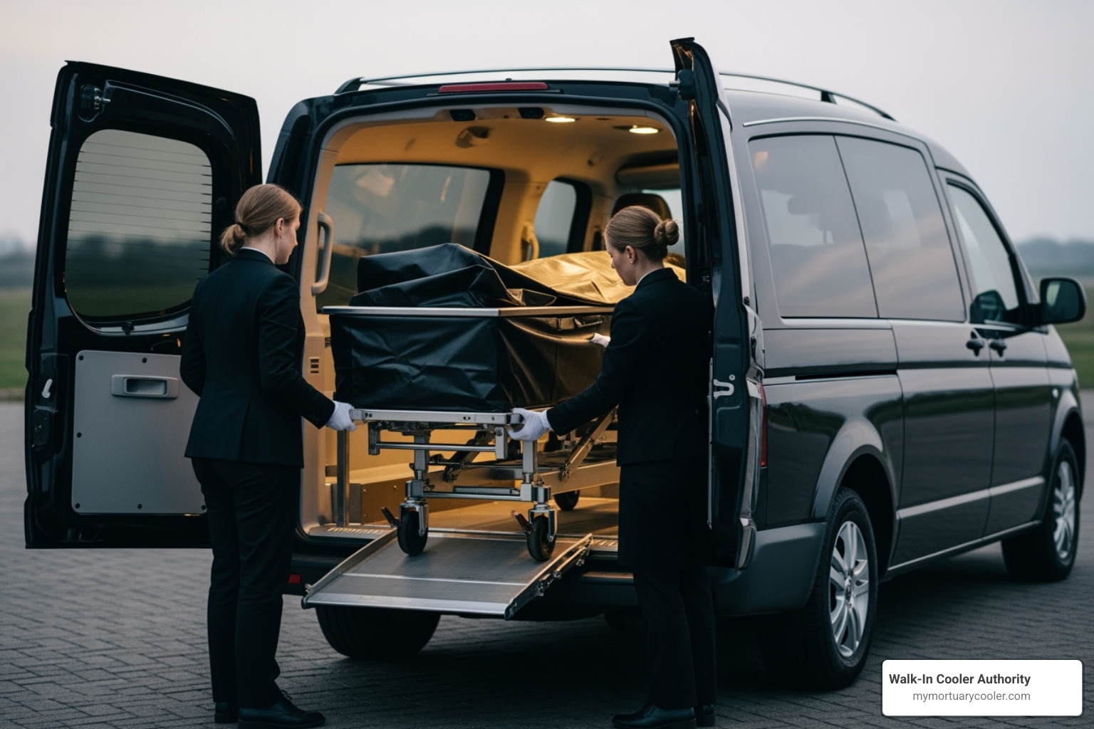 mortuary cot being loaded into a funeral vehicle - funeral director equipment