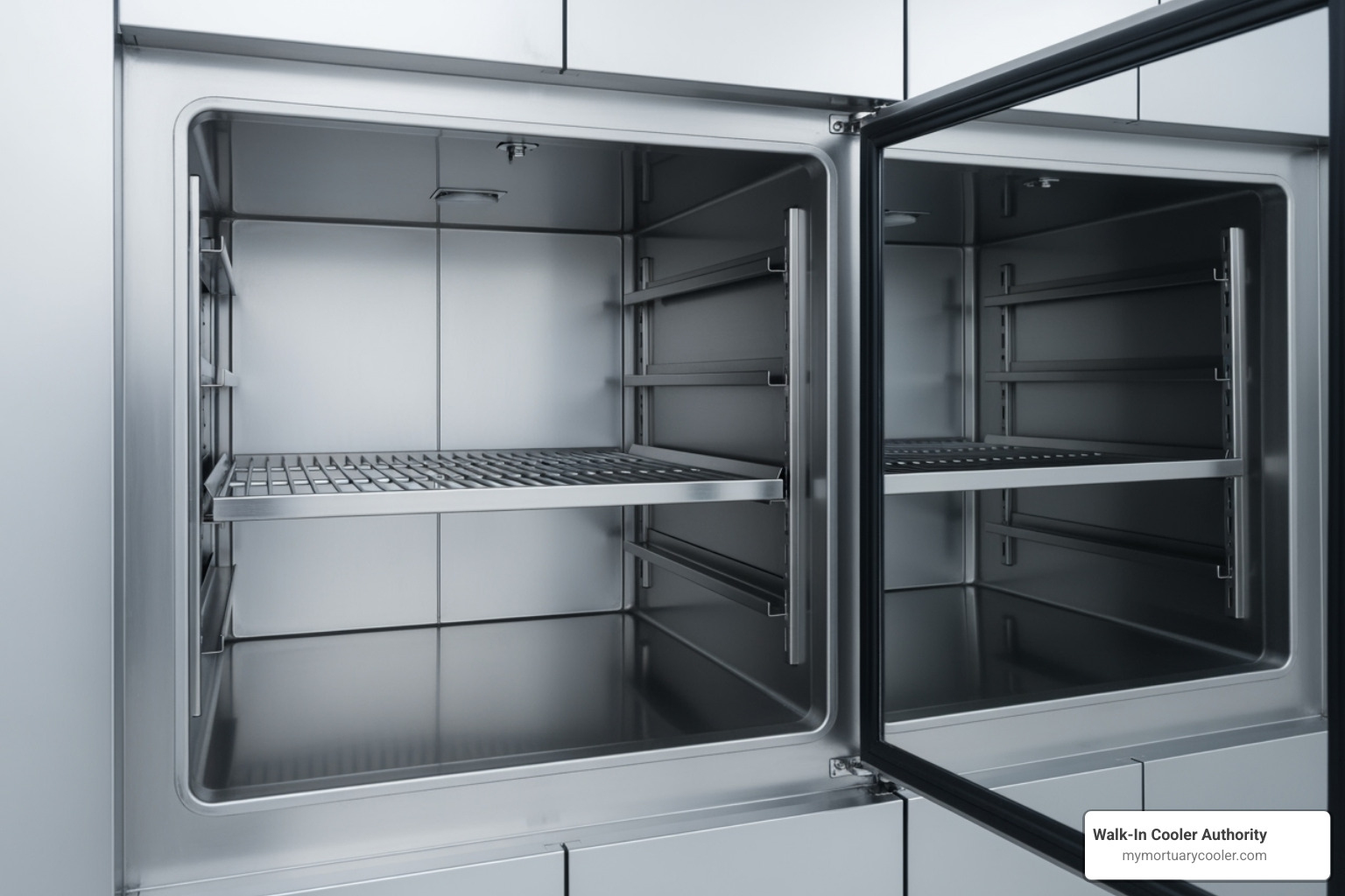 Interior of a clean, empty stainless steel mortuary cooler with seamless construction. - Stainless steel body cooler