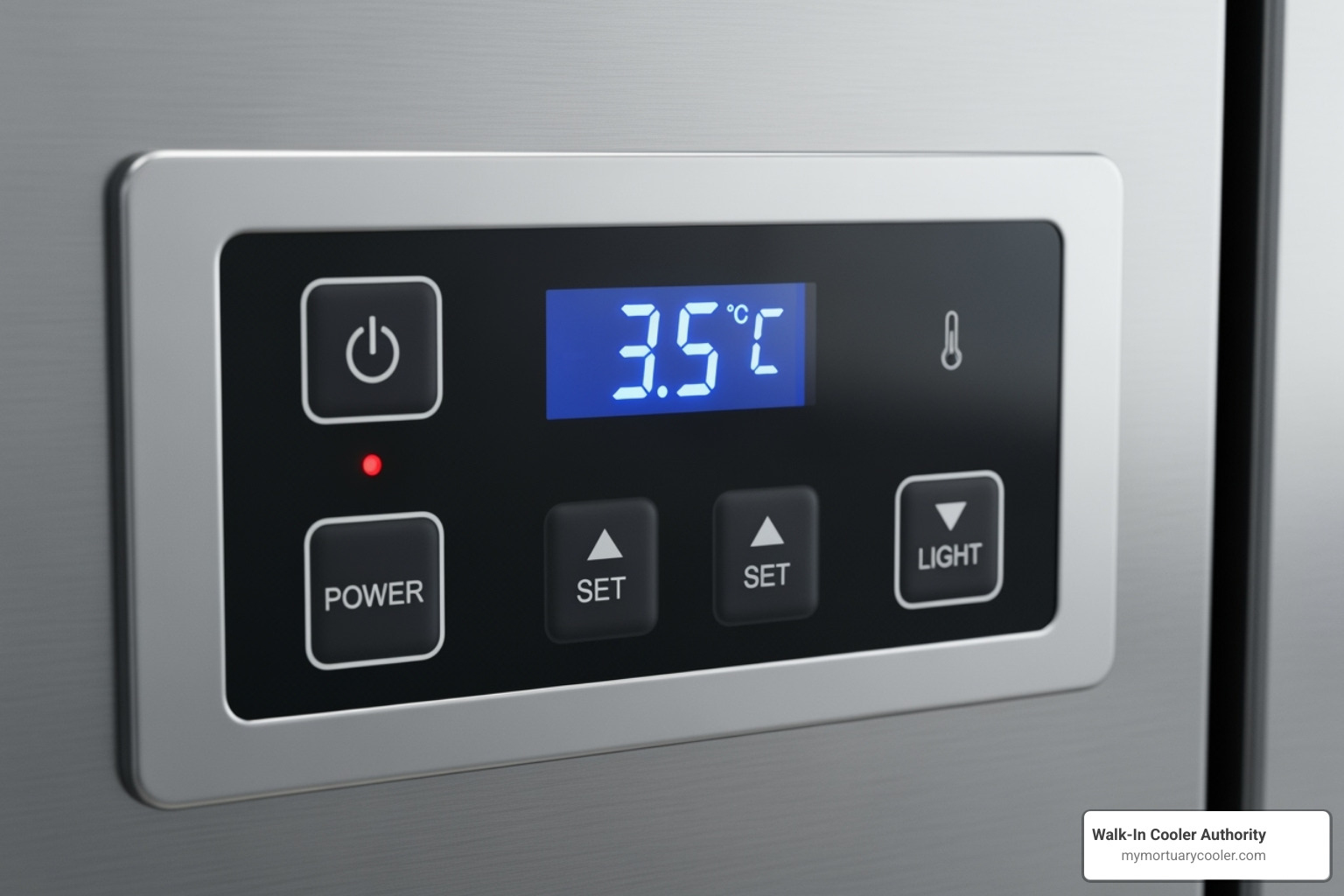 Digital thermostat and control panel on a mortuary cooler - Stainless steel body cooler