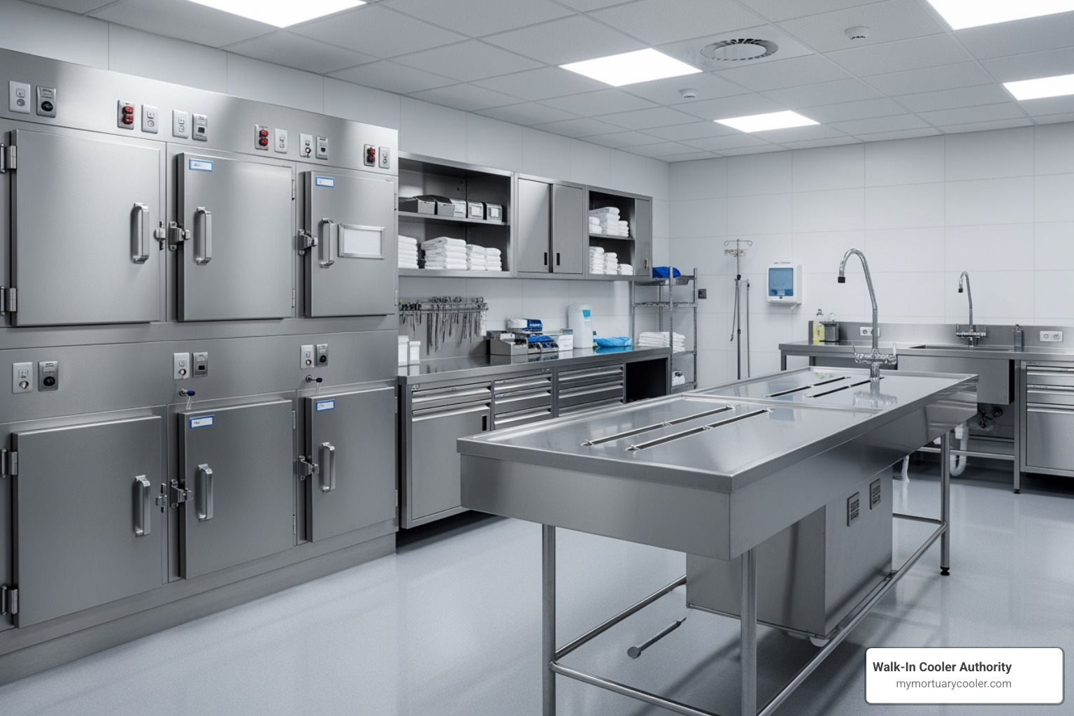 Professional mortuary facility with various stainless steel equipment - Stainless steel body cooler