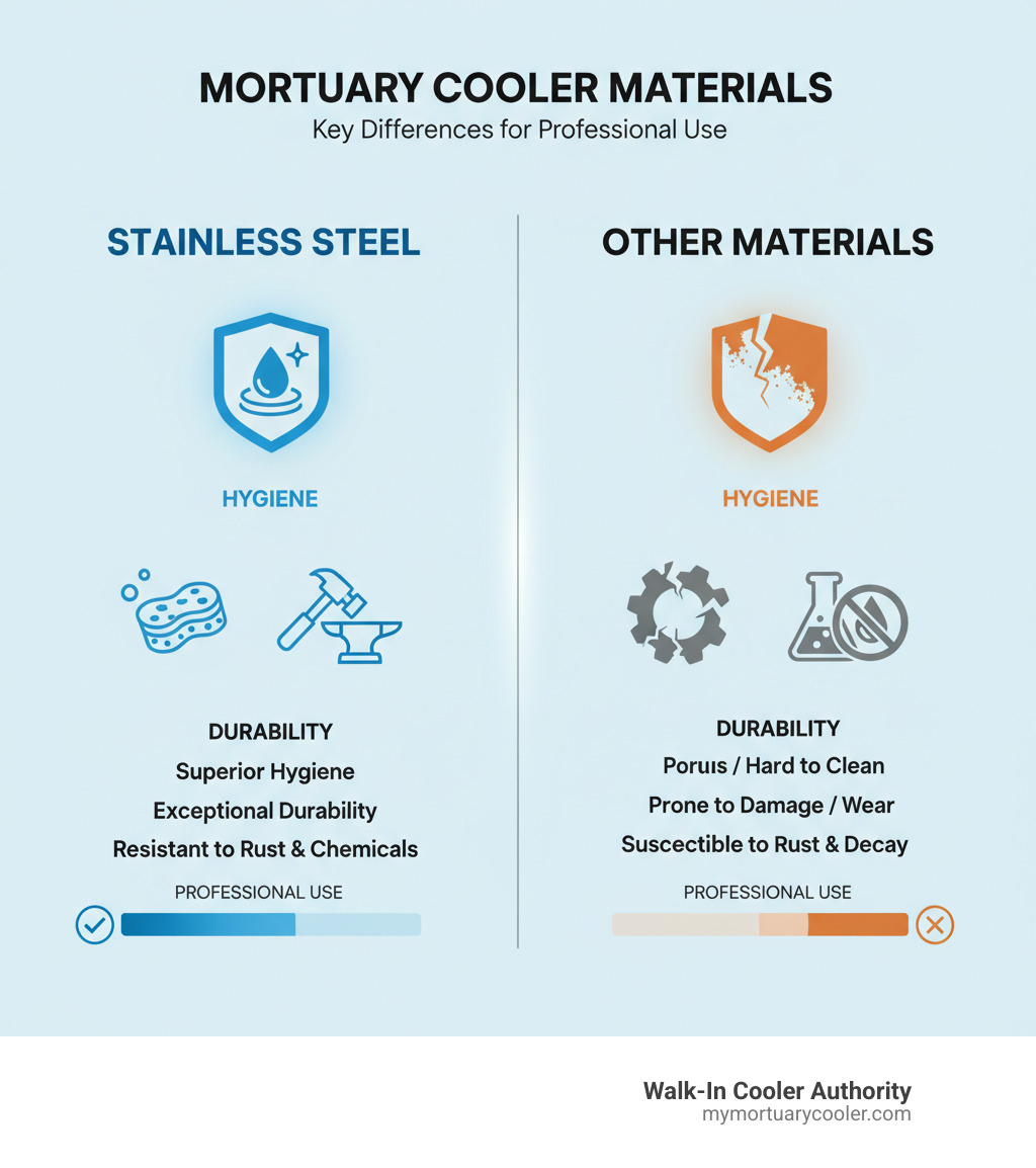 Infographic showing key differences between stainless steel and other materials for mortuary coolers, highlighting hygiene, durability, and corrosion resistance for professional use. - Stainless steel body cooler infographic 