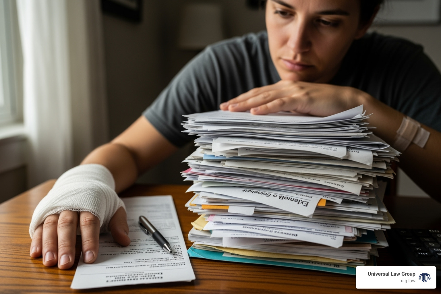 collection of evidence including medical bills, photos of an injury, and a notepad - do i need a lawyer for a dog bite