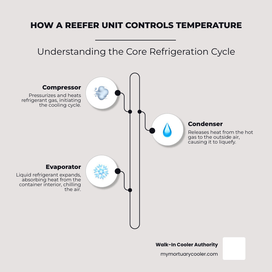 Detailed breakdown of refrigerated shipping container components including compressor, condenser, evaporator, insulated walls, T-bar flooring, temperature controller, and electrical connections - shipping container walk in cooler infographic infographic-line-3-steps-neat_beige