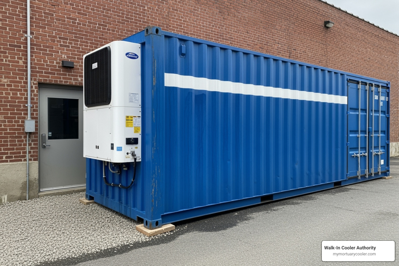 A reefer container, painted blue, sits outdoors next to a restaurant building, serving as an external cold storage solution. - shipping container walk in cooler