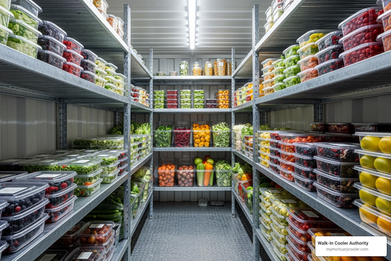 Interior of a shipping container walk-in cooler showing sturdy shelving units stocked with food containers and produce, with bright LED lighting illuminating the space. - shipping container walk in cooler