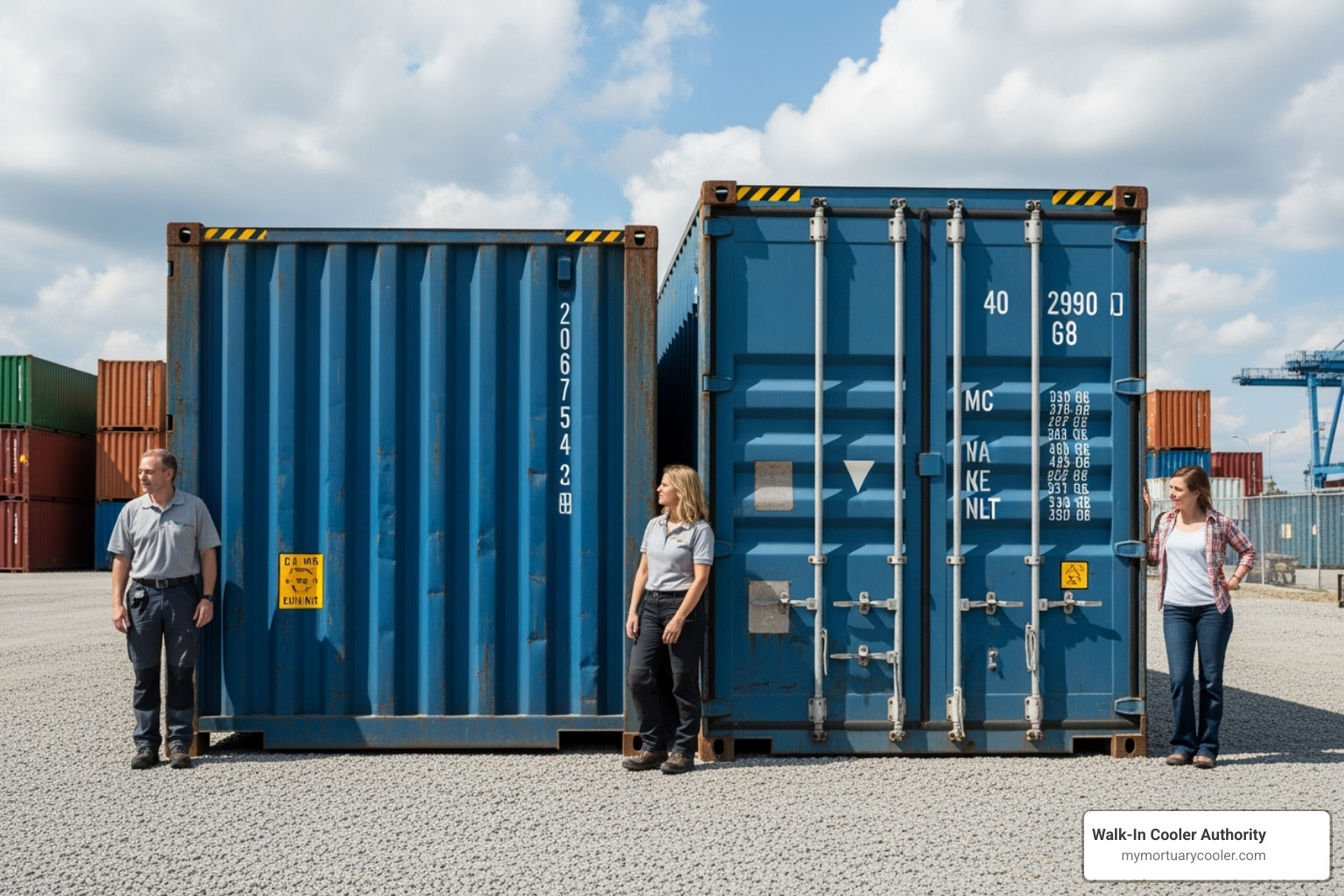 An image illustrating the size difference between a 20ft shipping container and a 40ft shipping container, with people standing next to them for scale. - shipping container walk in cooler