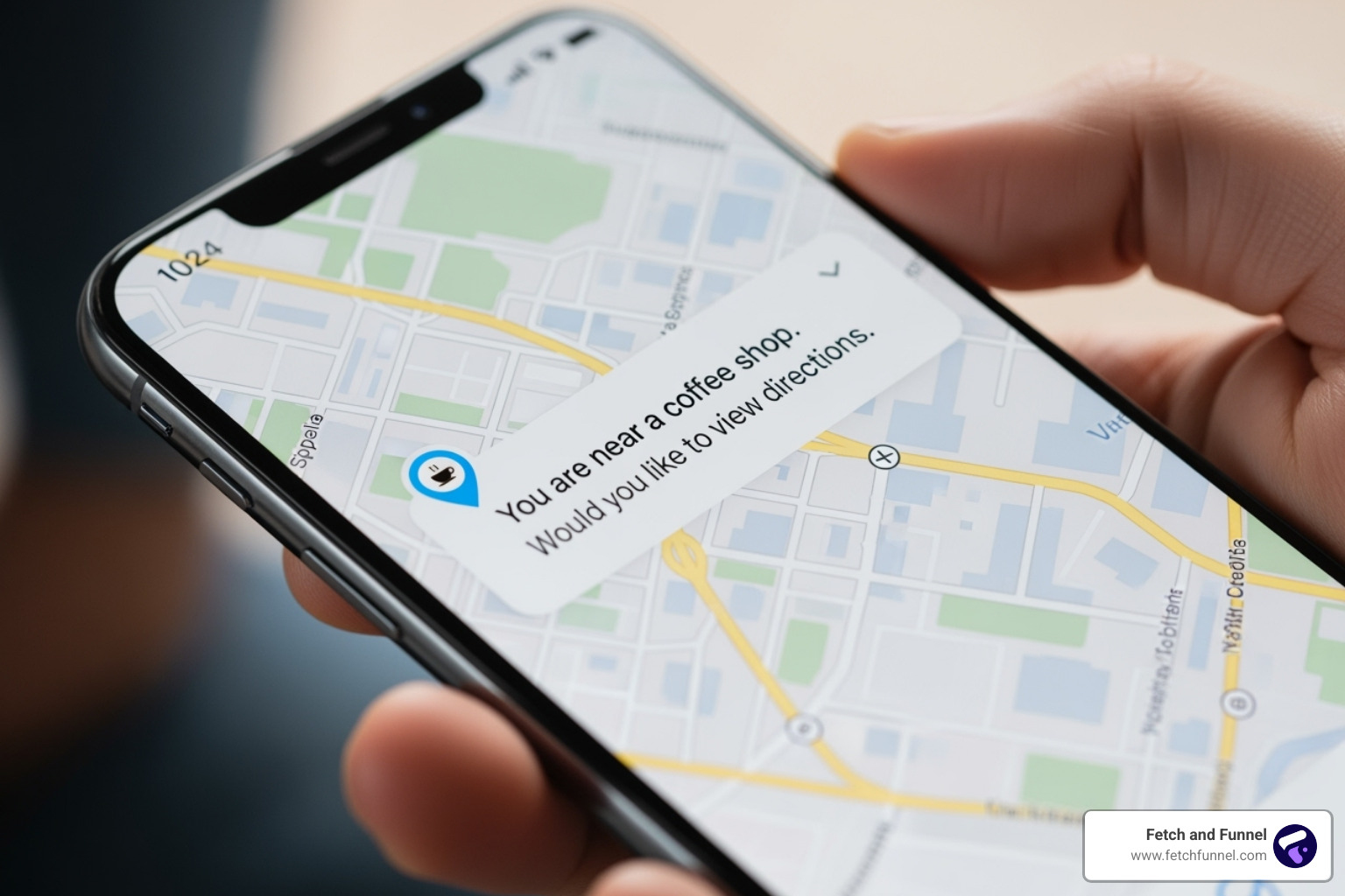 Mobile phone displaying location-based push notification - Geo-targeted ad campaigns Mobile phone displaying location-based push notification - Geo-targeted ad campaigns
