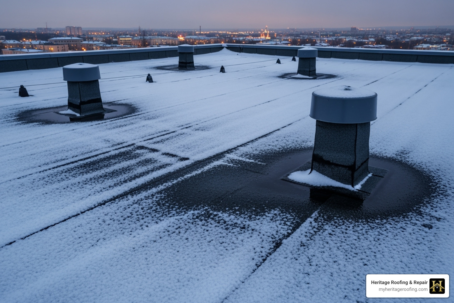 a flat roof with a light dusting of snow, showing clear drains - flat roof preventative maintenance a flat roof with a light dusting of snow, showing clear drains - flat roof preventative maintenance
