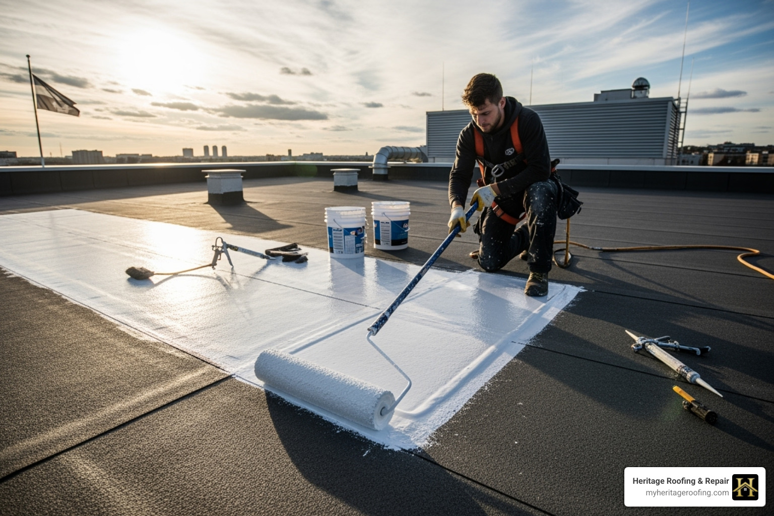 a roofer applying a silicone roof coating - flat roof preventative maintenance a roofer applying a silicone roof coating - flat roof preventative maintenance