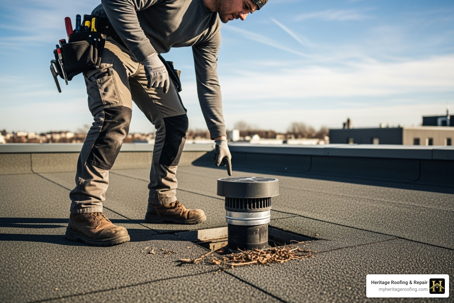 a roofer inspecting a flat roof drain - flat roof preventative maintenance a roofer inspecting a flat roof drain - flat roof preventative maintenance