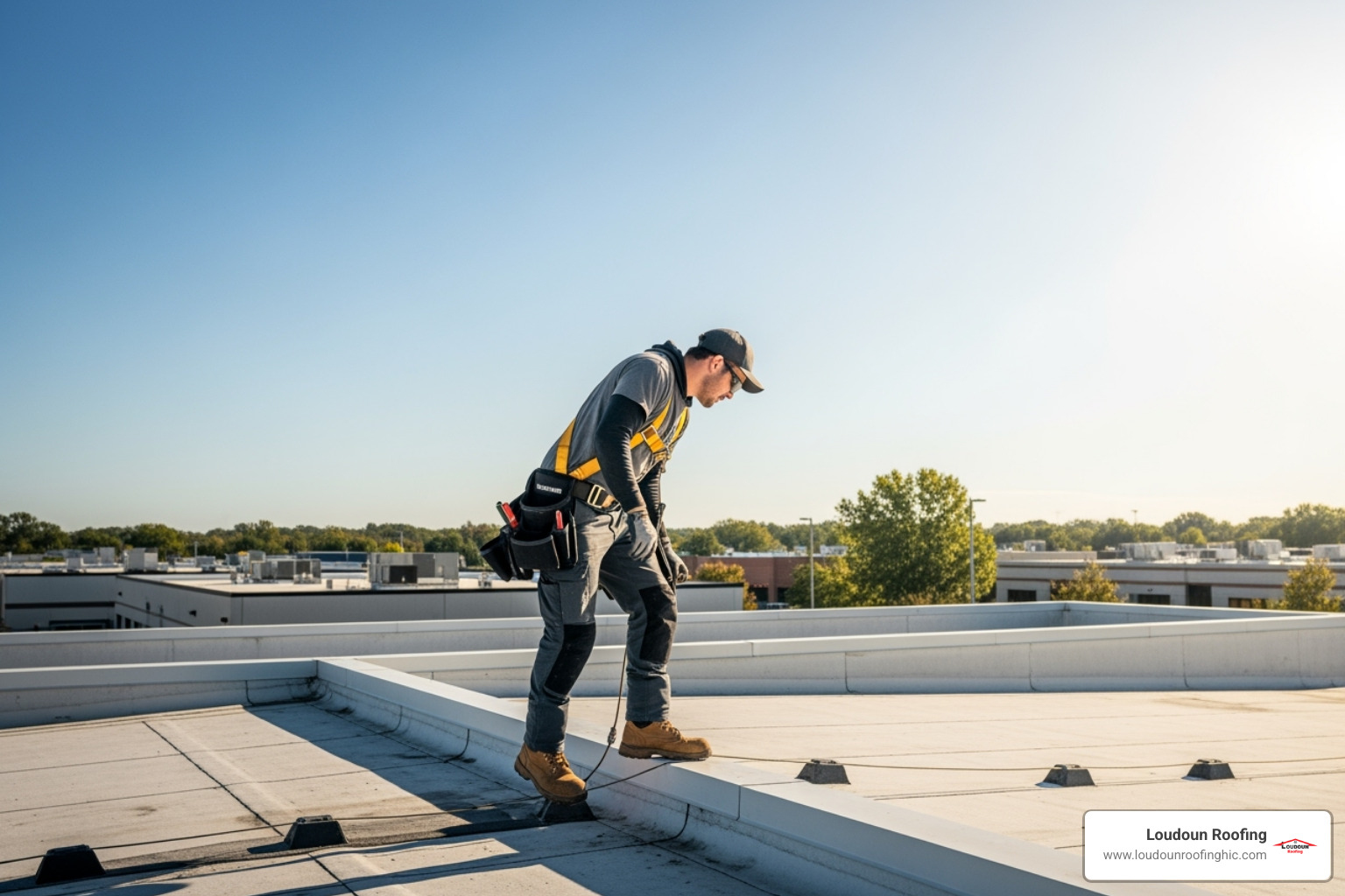a roofer performing a maintenance check on a flat roof - multi-family roofing