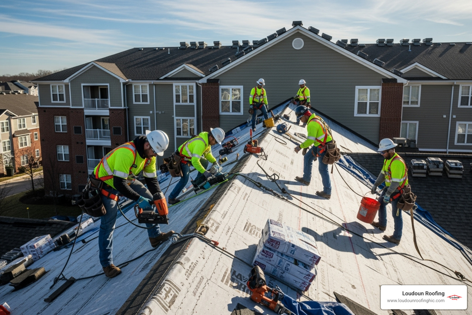 a roofing crew working on a large apartment building with safety gear - multi-family roofing