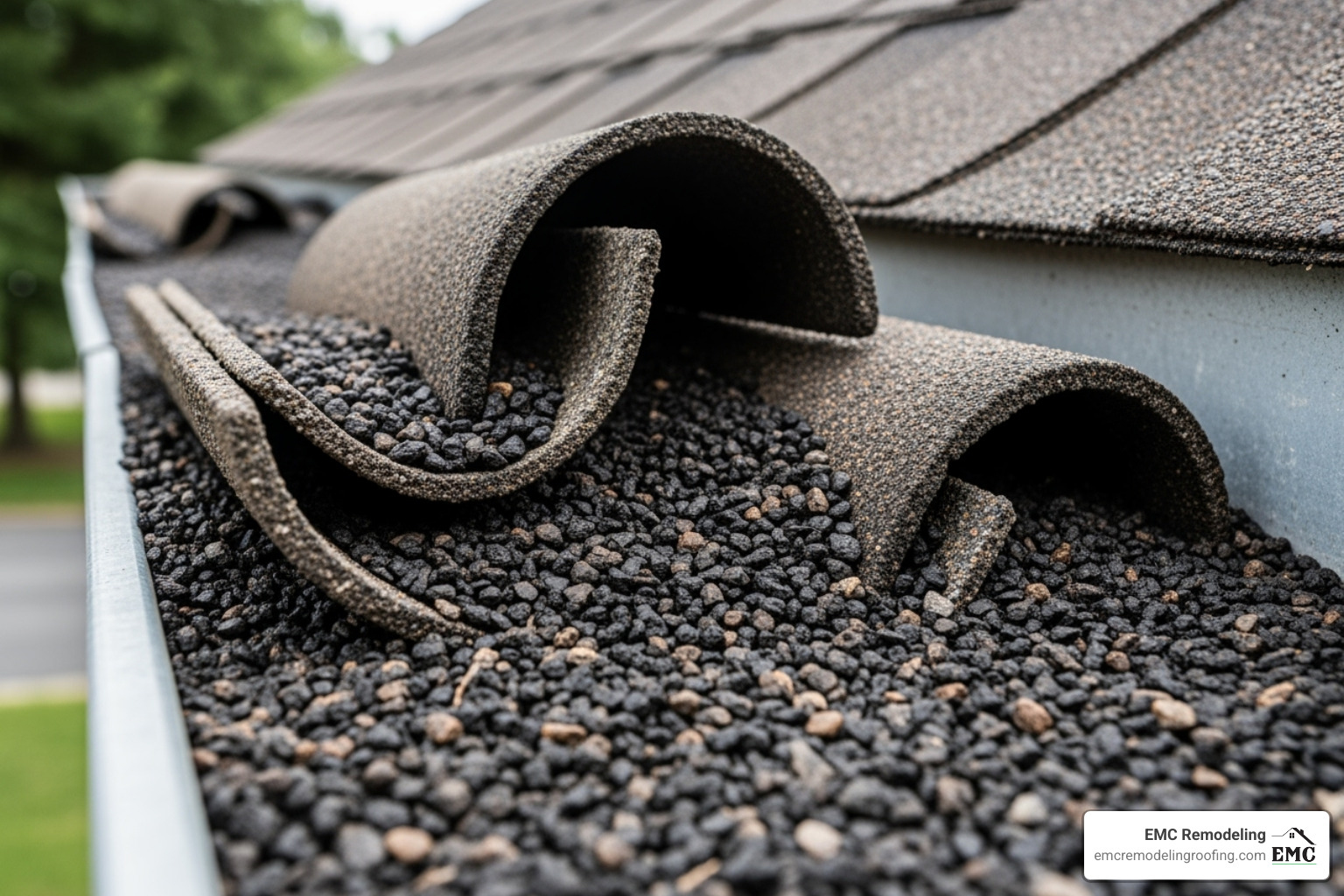 Curling shingles and granules in a gutter - builder roofer near me Curling shingles and granules in a gutter - builder roofer near me
