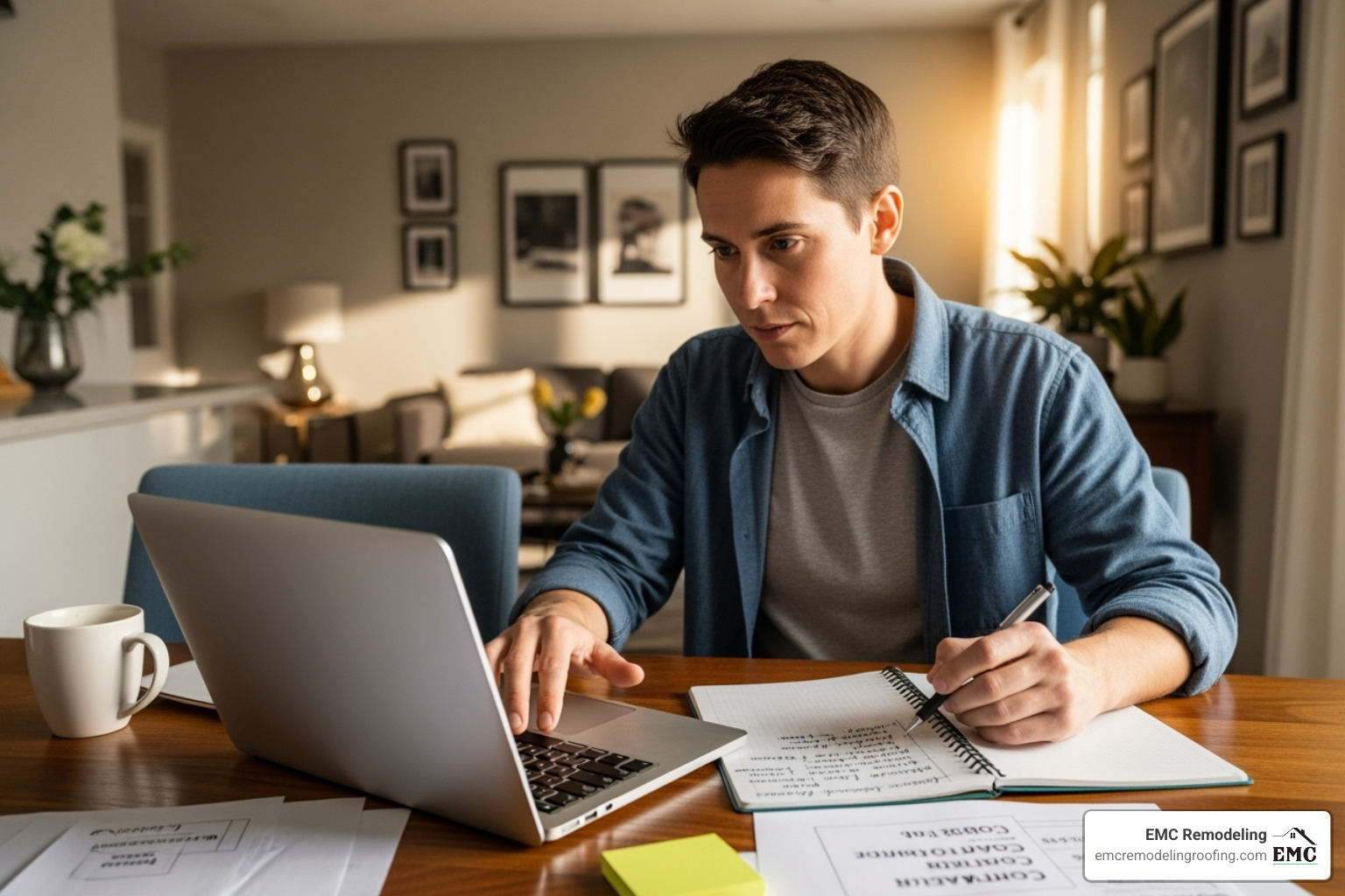 Homeowner researching contractors on a laptop - builder roofer near me Homeowner researching contractors on a laptop - builder roofer near me