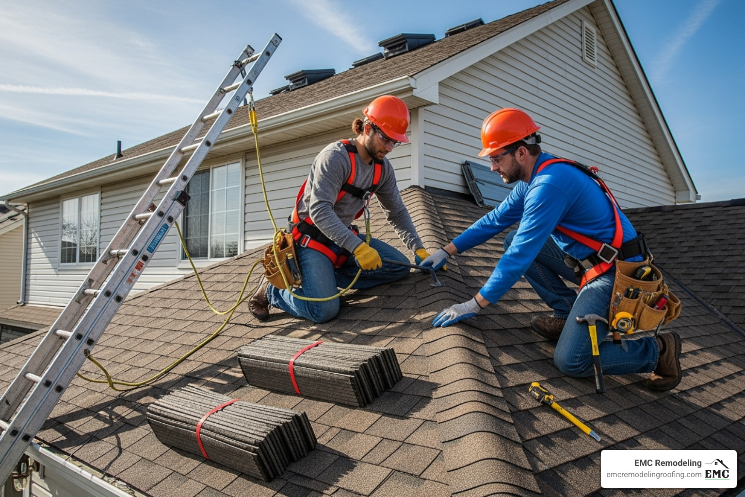 A homeowner, wearing safety gear and a harness, carefully working on a roof with a ladder securely placed on solid ground - asphalt shingle roof repair