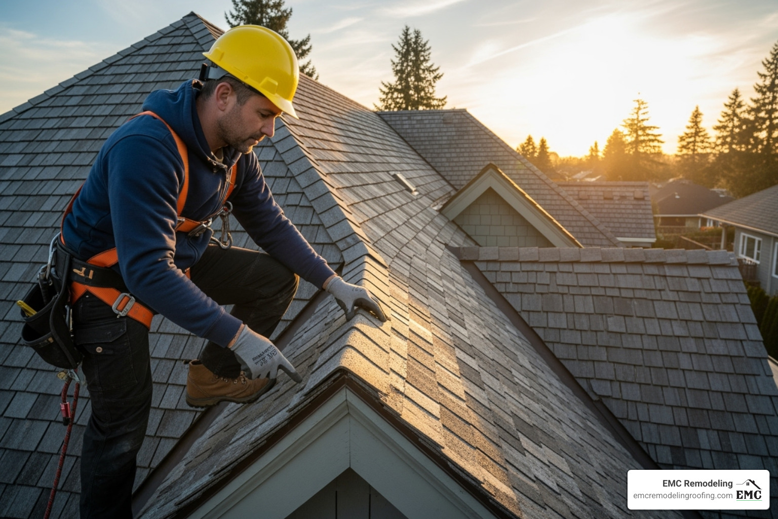 A professional roofer, wearing protective gear, carefully inspecting the peak of a residential roof with a complex design, highlighting expertise needed for intricate areas - asphalt shingle roof repair