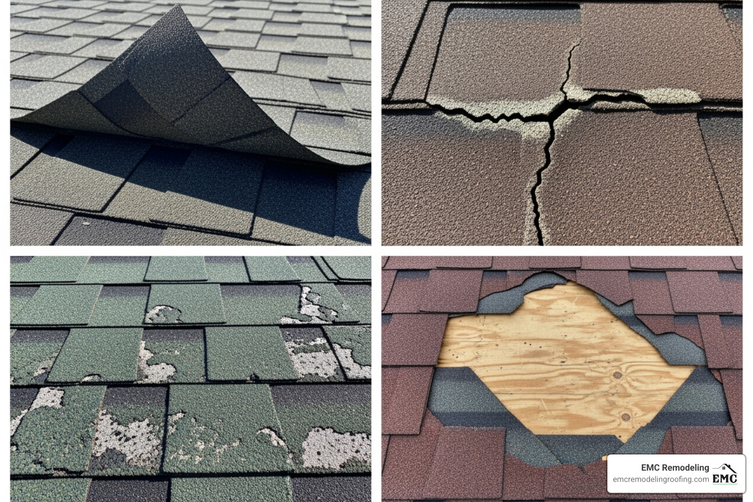A collage of images showing different types of asphalt shingle damage: one shingle with an upward curl, another with a visible crack, a section with missing granules, and a patch where shingles are entirely gone - asphalt shingle roof repair