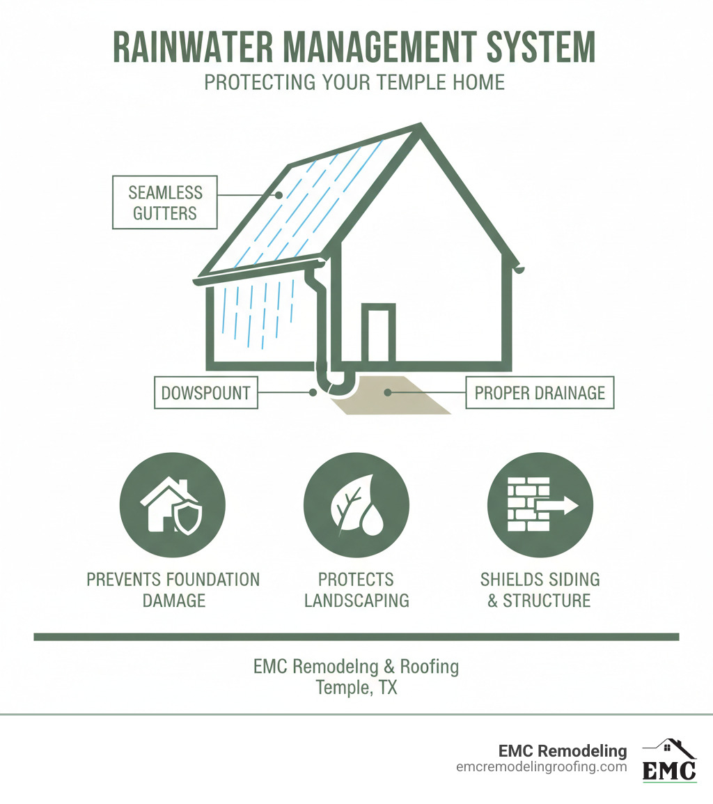 Comprehensive infographic showing how a properly functioning gutter system channels rainwater from the roof through downspouts and away from the home's foundation, preventing water damage to siding, landscaping, and structural elements, with callouts highlighting key components like seamless gutters, downspouts, and proper drainage - gutters temple tx infographic  Comprehensive infographic showing how a properly functioning gutter system channels rainwater from the roof through downspouts and away from the home's foundation, preventing water damage to siding, landscaping, and structural elements, with callouts highlighting key components like seamless gutters, downspouts, and proper drainage - gutters temple tx infographic