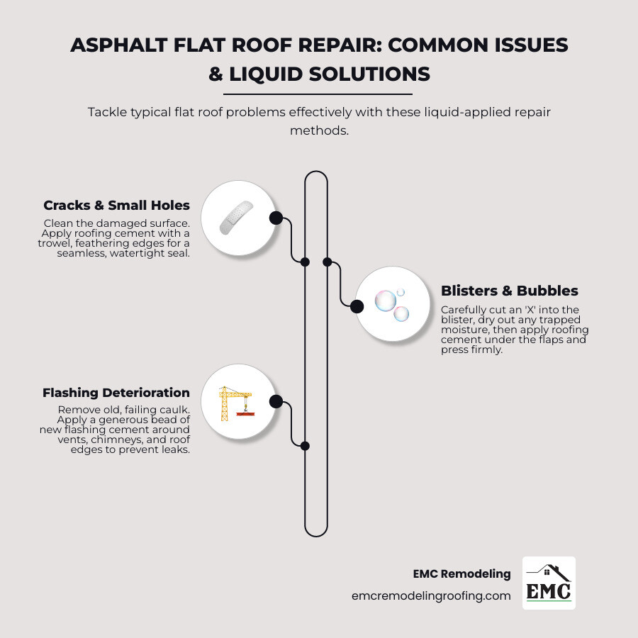 Comprehensive infographic showing cross-section of asphalt flat roof with labeled problem areas including ponding water, blisters, cracks, flashing failures, and membrane deterioration, plus repair solutions for each issue - asphalt flat roof repair infographic infographic-line-3-steps-neat_beige Comprehensive infographic showing cross-section of asphalt flat roof with labeled problem areas including ponding water, blisters, cracks, flashing failures, and membrane deterioration, plus repair solutions for each issue - asphalt flat roof repair infographic infographic-line-3-steps-neat_beige