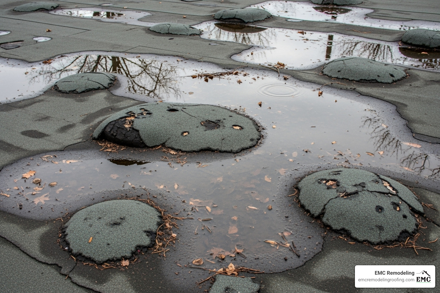 Damaged flat roof showing blisters and ponding water - asphalt flat roof repair Damaged flat roof showing blisters and ponding water - asphalt flat roof repair