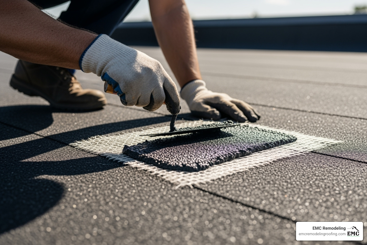 Roofer applying a fiberglass mesh patch to a flat roof - asphalt flat roof repair Roofer applying a fiberglass mesh patch to a flat roof - asphalt flat roof repair