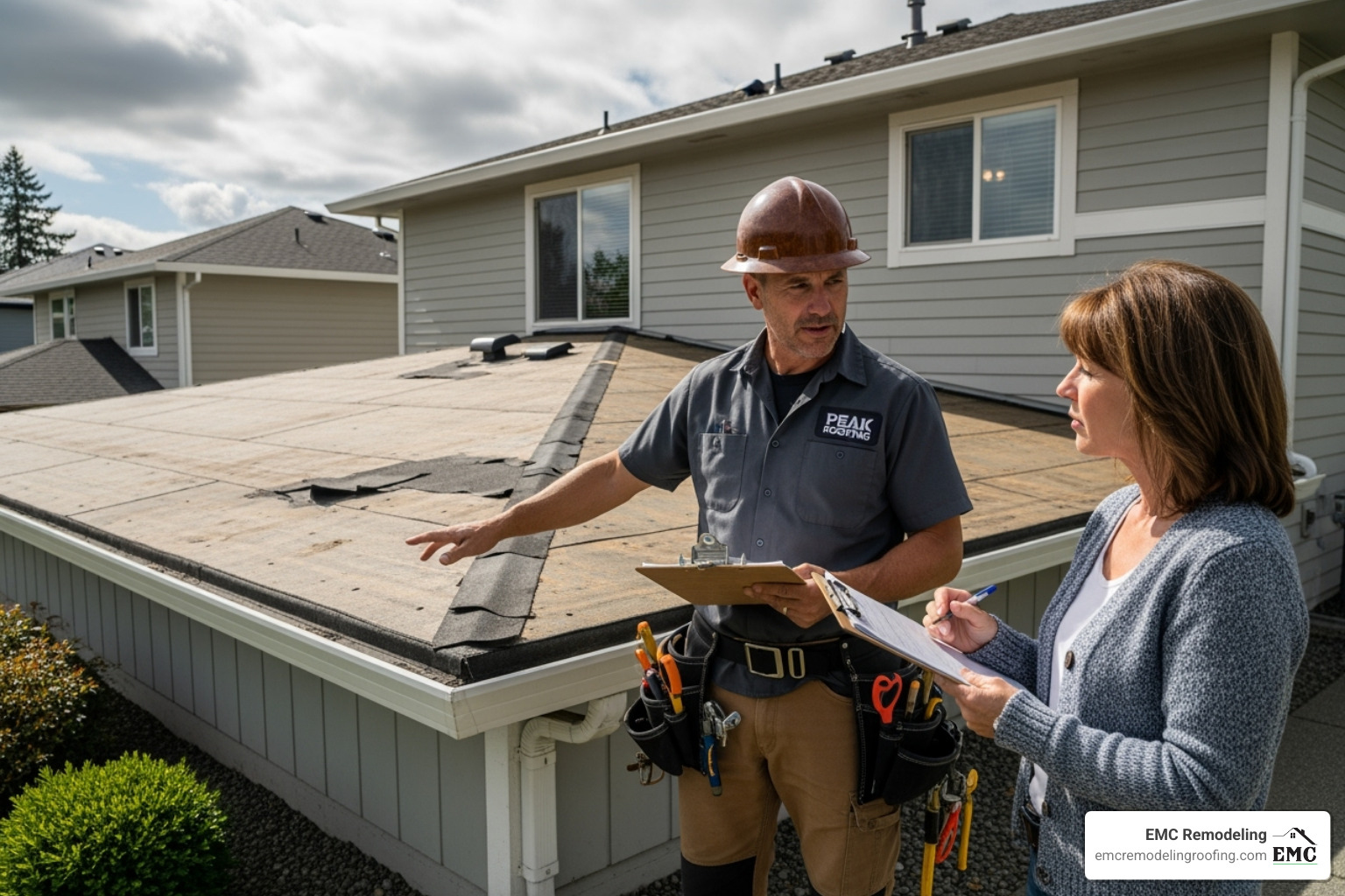 Professional roofer discussing options with a homeowner - asphalt flat roof repair Professional roofer discussing options with a homeowner - asphalt flat roof repair