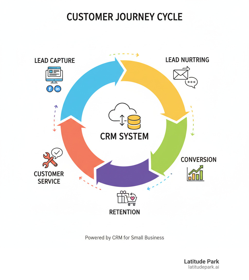 Infographic showing the customer journey cycle managed within a CRM system: starting with lead capture through website forms and social media, moving to lead nurturing via automated email sequences and personalized follow-ups, progressing to conversion through sales pipeline tracking and deal management, continuing to customer service with support ticket management and issue resolution, and completing the cycle with retention through loyalty programs and repeat purchase tracking - crm for small business infographic  Infographic showing the customer journey cycle managed within a CRM system: starting with lead capture through website forms and social media, moving to lead nurturing via automated email sequences and personalized follow-ups, progressing to conversion through sales pipeline tracking and deal management, continuing to customer service with support ticket management and issue resolution, and completing the cycle with retention through loyalty programs and repeat purchase tracking - crm for small business infographic