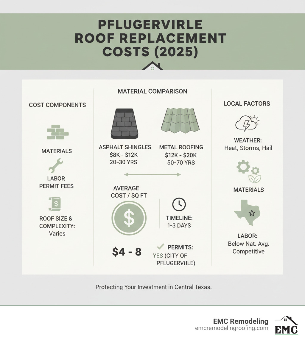 Comprehensive breakdown of roof replacement costs in Pflugerville showing material costs, labor expenses, permit fees, and additional factors like roof size and complexity with comparative pricing for asphalt shingles versus metal roofing options - roof replacement Pflugerville infographic  Comprehensive breakdown of roof replacement costs in Pflugerville showing material costs, labor expenses, permit fees, and additional factors like roof size and complexity with comparative pricing for asphalt shingles versus metal roofing options - roof replacement Pflugerville infographic