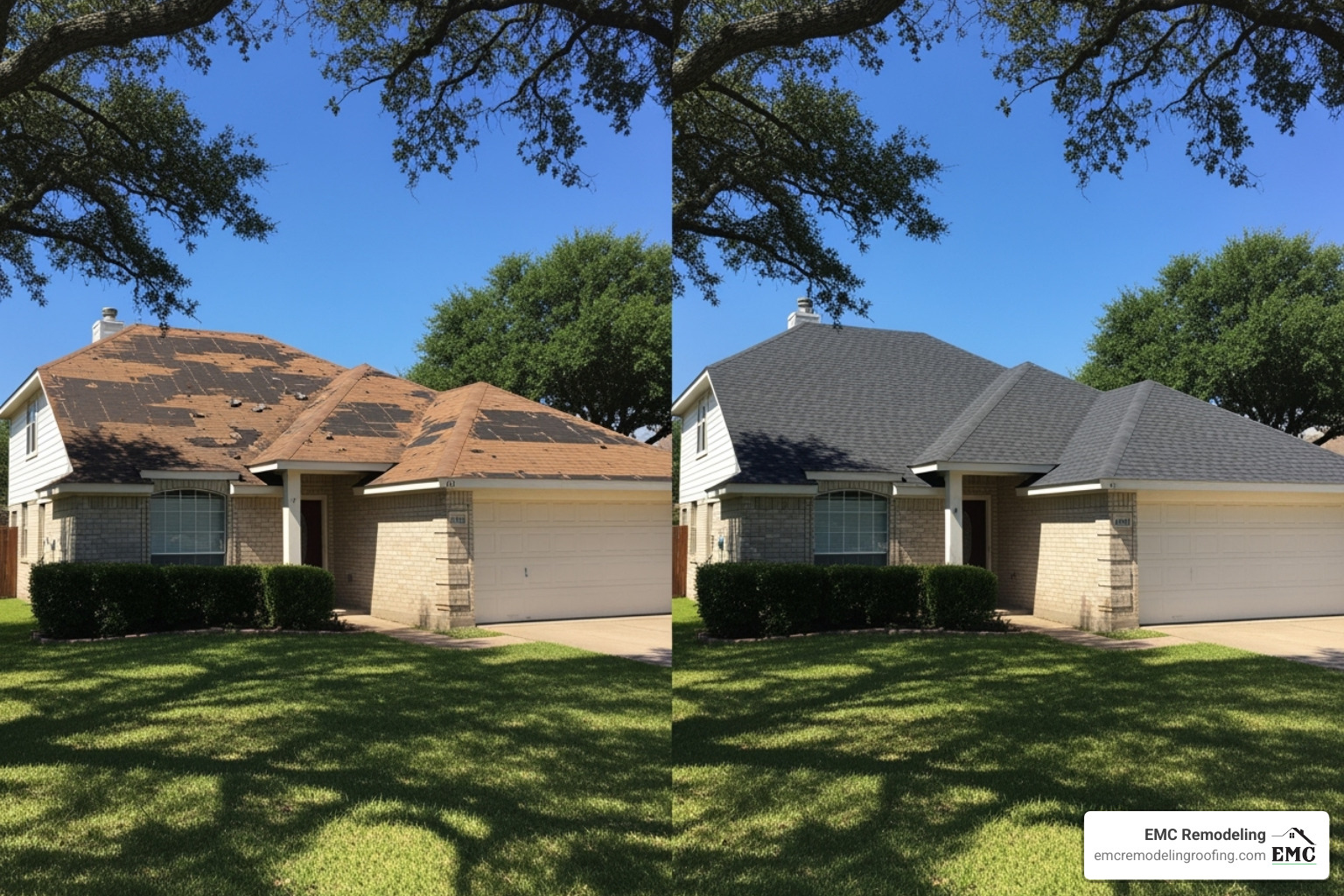 Before-and-after comparison of a Pflugerville home with an old vs. new roof - roof replacement Pflugerville Before-and-after comparison of a Pflugerville home with an old vs. new roof - roof replacement Pflugerville