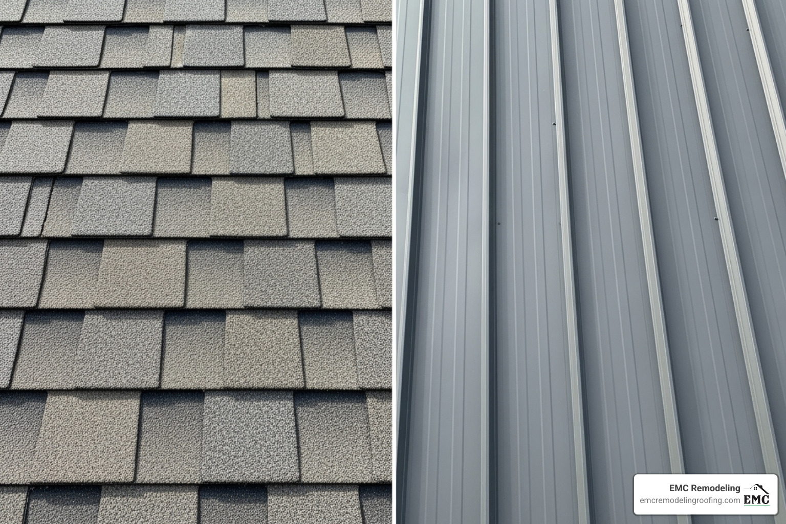 Close-up comparison of architectural asphalt shingles and standing seam metal roofing - roof replacement Pflugerville Close-up comparison of architectural asphalt shingles and standing seam metal roofing - roof replacement Pflugerville