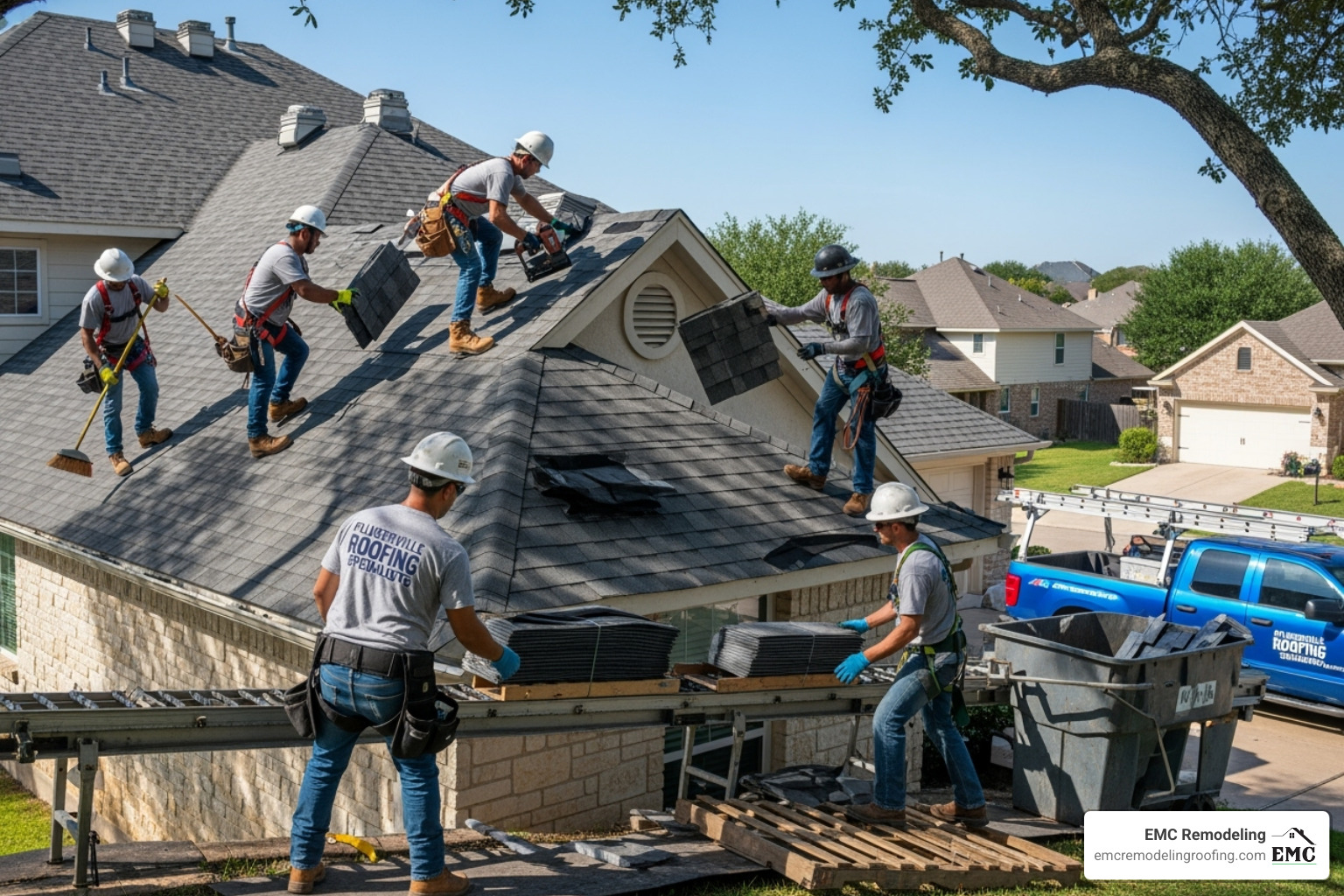 Skilled roofing crew installing a new roof on a Pflugerville home - roof replacement Pflugerville Skilled roofing crew installing a new roof on a Pflugerville home - roof replacement Pflugerville