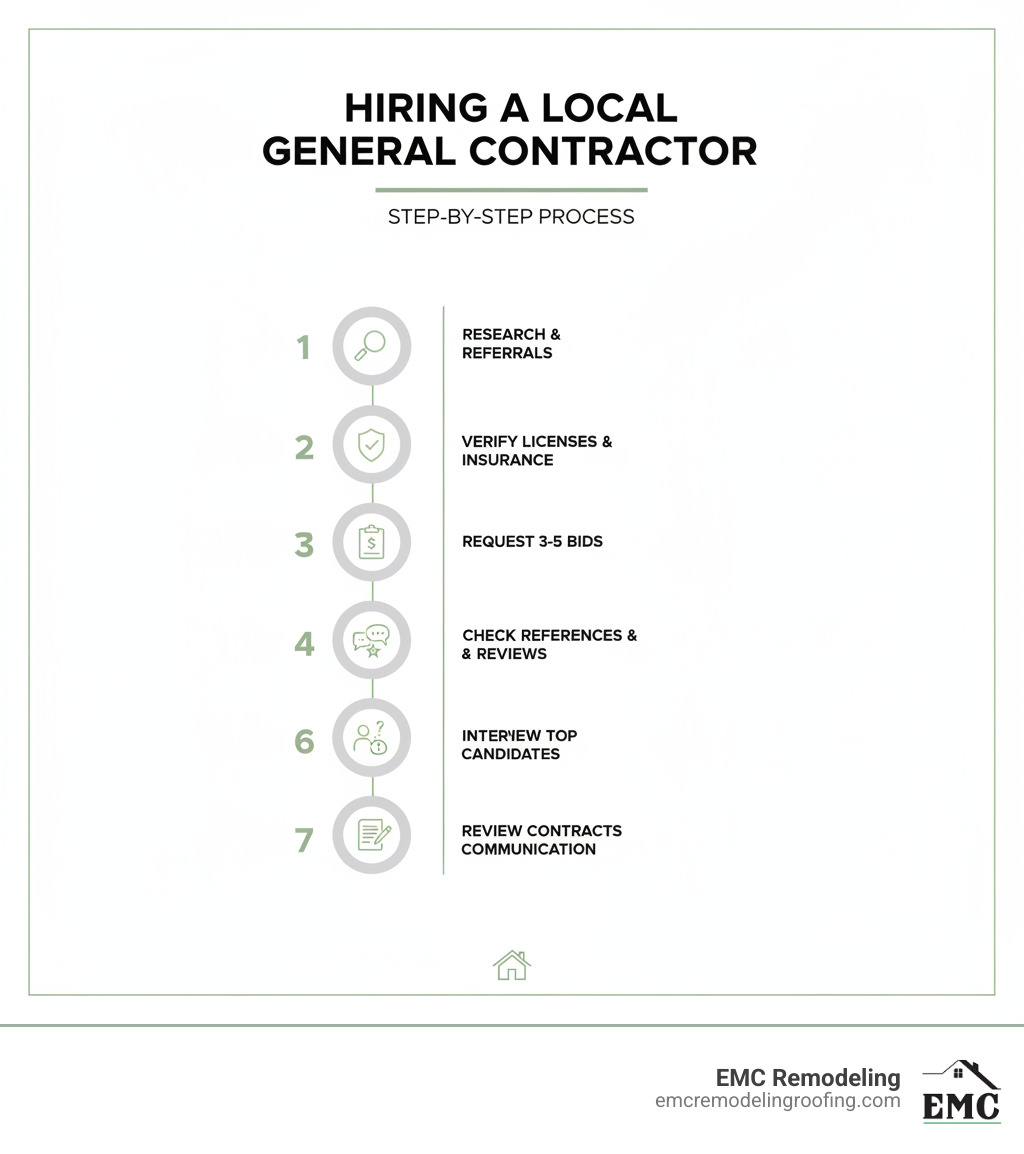 Infographic showing the step-by-step process of hiring a local general contractor: 1. Research and get referrals, 2. Verify licenses and insurance, 3. Request detailed bids from 3-5 contractors, 4. Check references and online reviews, 5. Interview top candidates with key questions, 6. Review contracts carefully before signing, 7. Establish clear communication expectations - local general contractor infographic 