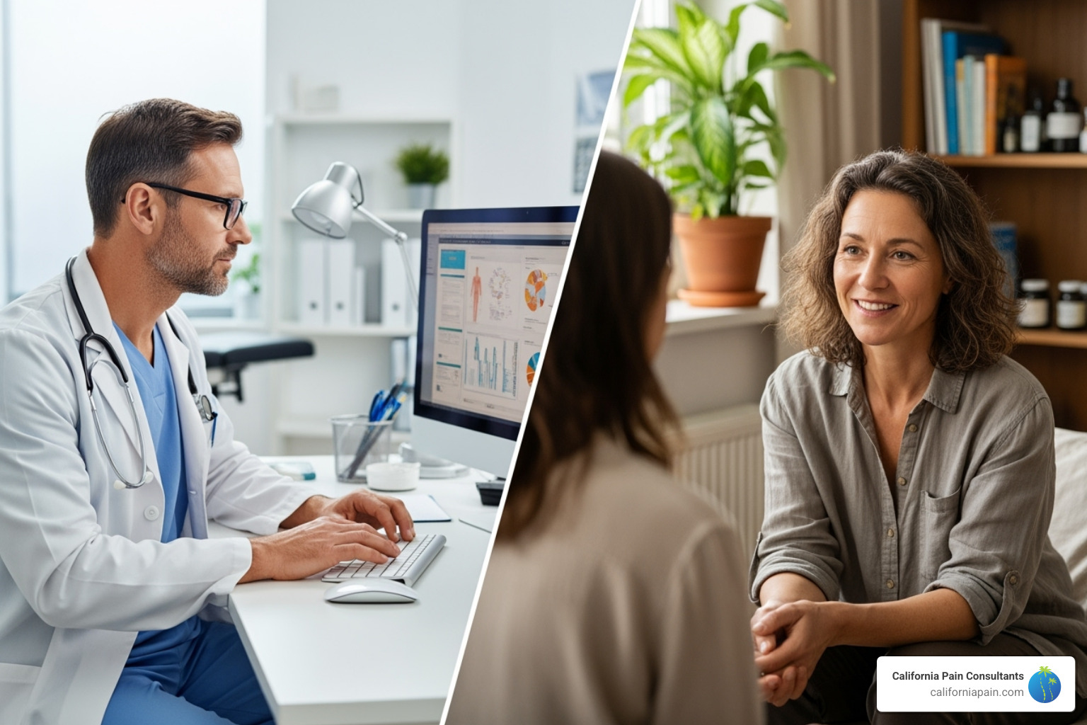 split screen of a conventional doctor looking at a chart and a holistic doctor talking to a patient - holistic doctor split screen of a conventional doctor looking at a chart and a holistic doctor talking to a patient - holistic doctor
