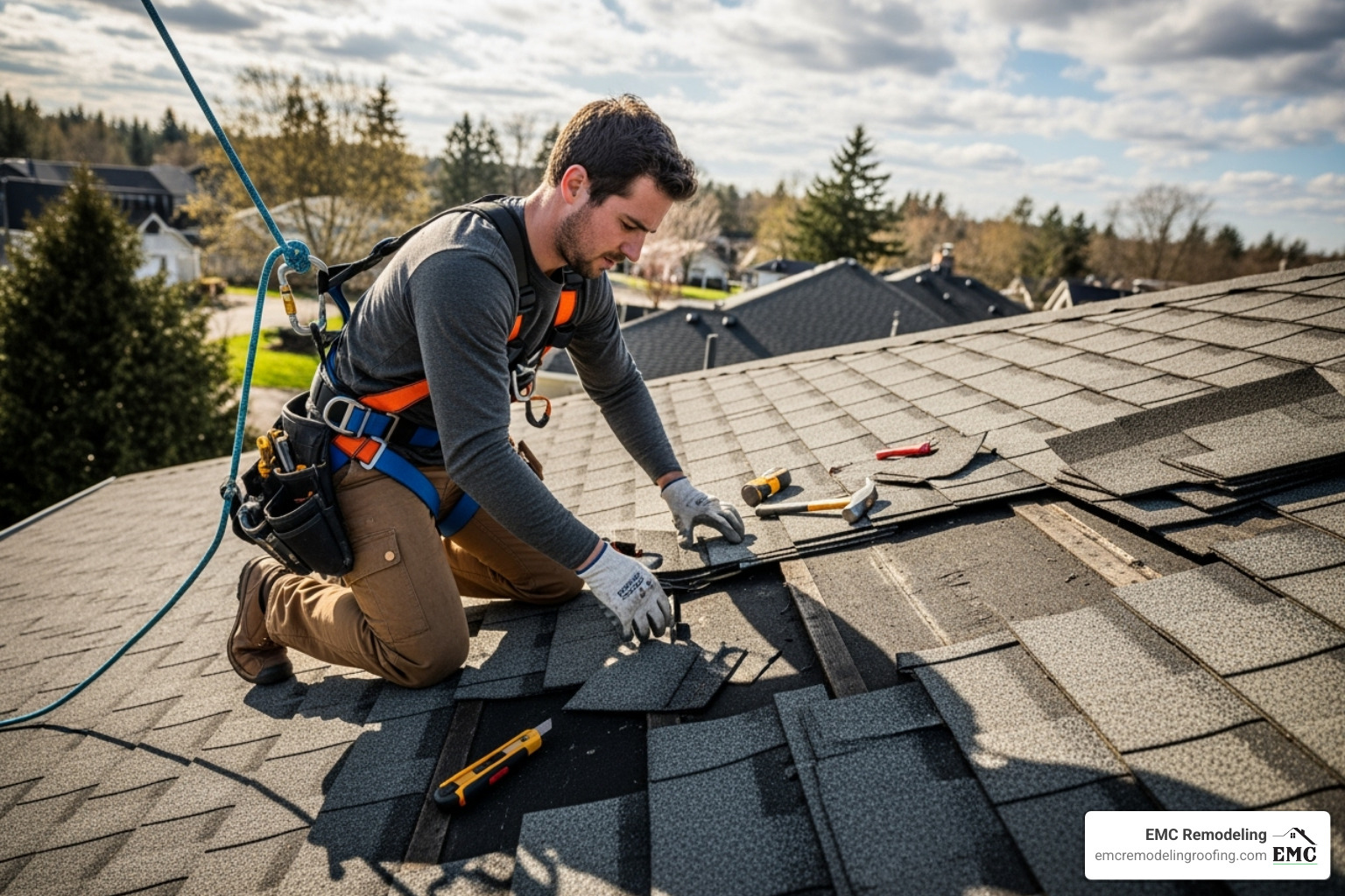 person on roof with safety harness - asphalt roof repair person on roof with safety harness - asphalt roof repair