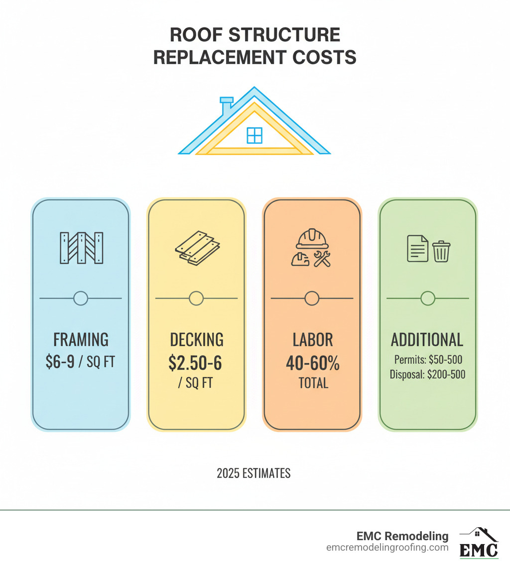 Detailed breakdown showing roof structure replacement components including framing costs $6-9 per sq ft, decking costs $2.50-6 per sq ft, labor percentage 40-60% of total, and additional expenses like permits $50-500 and disposal $200-500 - cost to replace entire roof structure infographic  Detailed breakdown showing roof structure replacement components including framing costs $6-9 per sq ft, decking costs $2.50-6 per sq ft, labor percentage 40-60% of total, and additional expenses like permits $50-500 and disposal $200-500 - cost to replace entire roof structure infographic