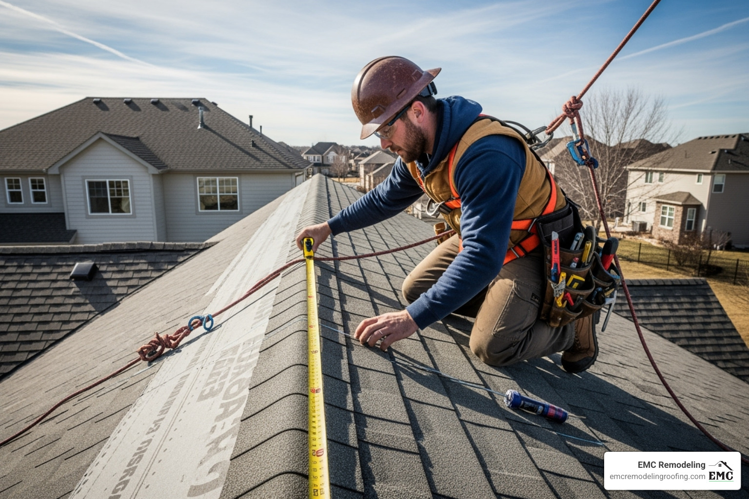 roofer measuring a steep-pitched roof - cost to replace entire roof structure roofer measuring a steep-pitched roof - cost to replace entire roof structure