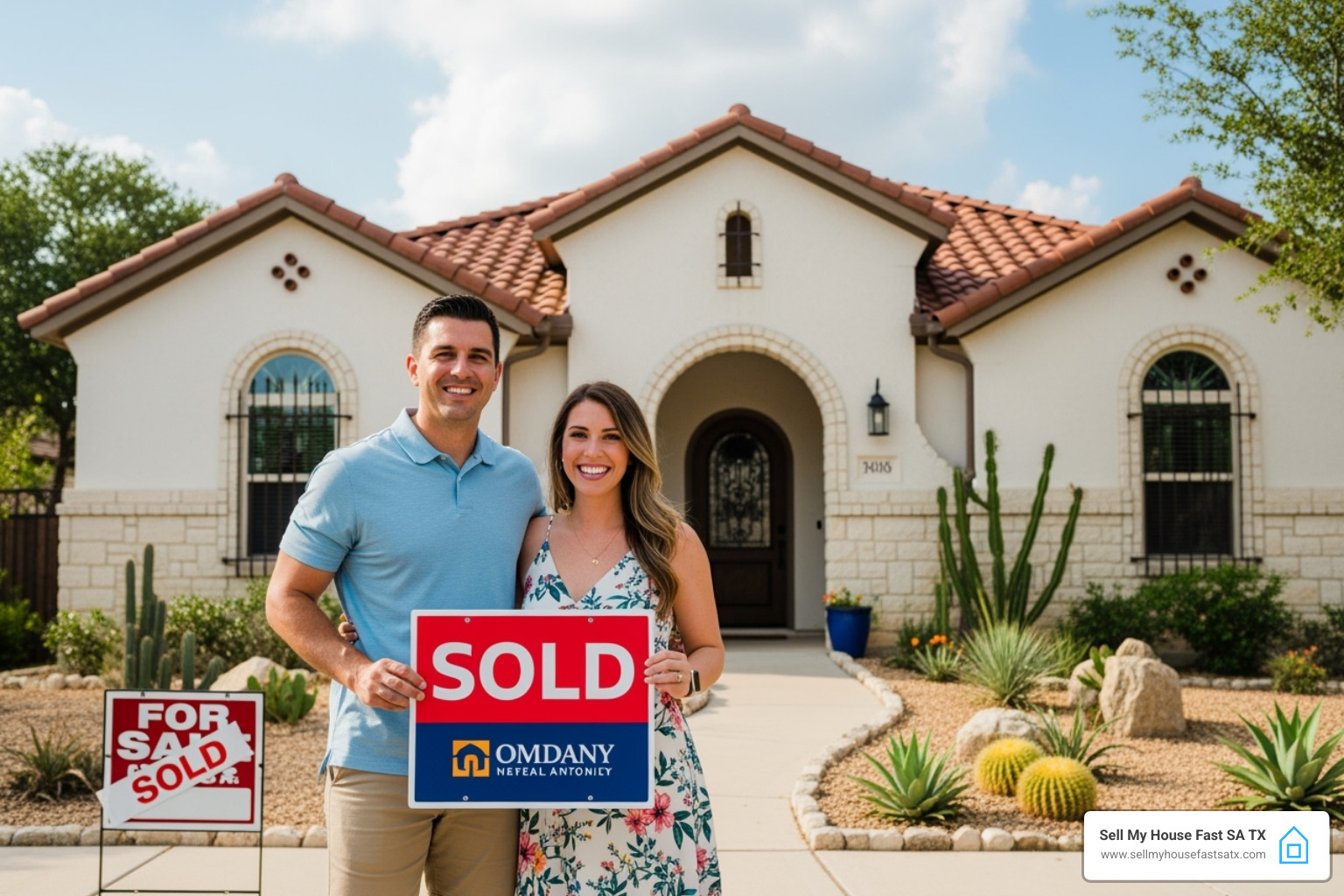 Happy couple with "Sold" sign in front of San Antonio home - should i sell my house or rent it out Happy couple with "Sold" sign in front of San Antonio home - should i sell my house or rent it out