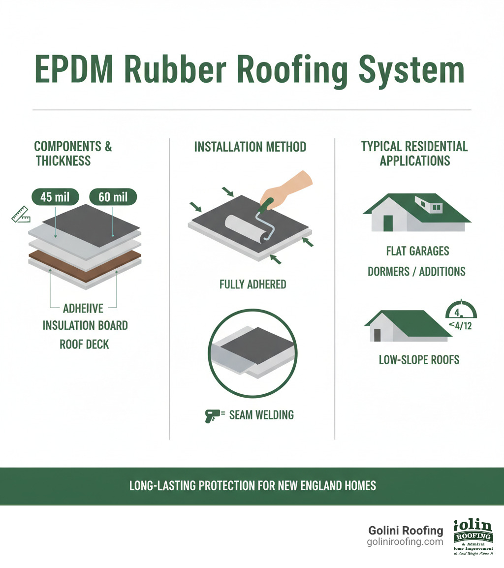 Infographic showing EPDM rubber roofing system with labeled components including membrane thickness options (45-60 mil), fully adhered installation method, seam welding details, and typical residential applications like flat garages, dormers, and low-slope additions - rubber roof installation woburn ma infographic Infographic showing EPDM rubber roofing system with labeled components including membrane thickness options (45-60 mil), fully adhered installation method, seam welding details, and typical residential applications like flat garages, dormers, and low-slope additions - rubber roof installation woburn ma infographic