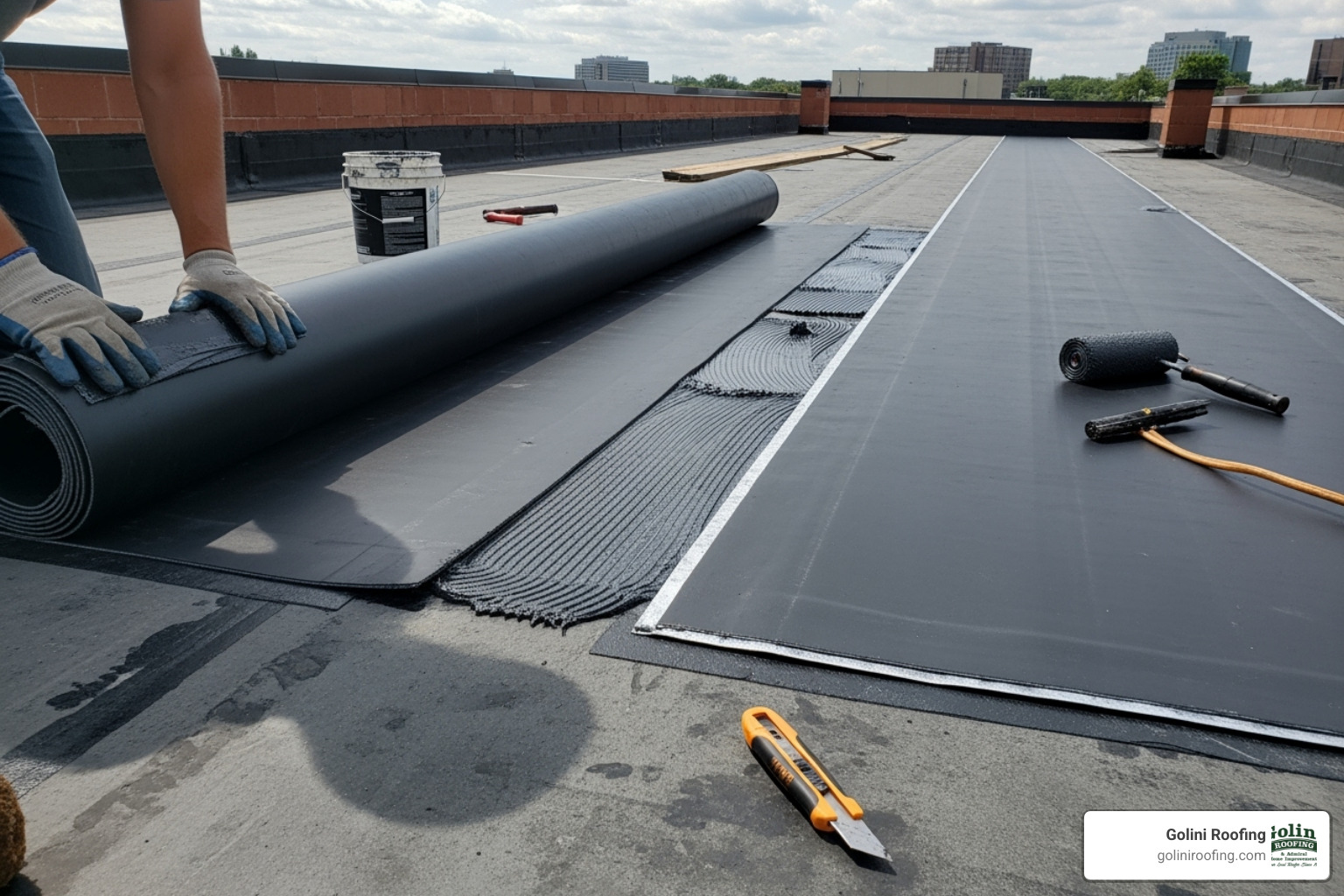 professional roofer installing a rubber membrane on a residential roof - rubber roof installation woburn ma professional roofer installing a rubber membrane on a residential roof - rubber roof installation woburn ma