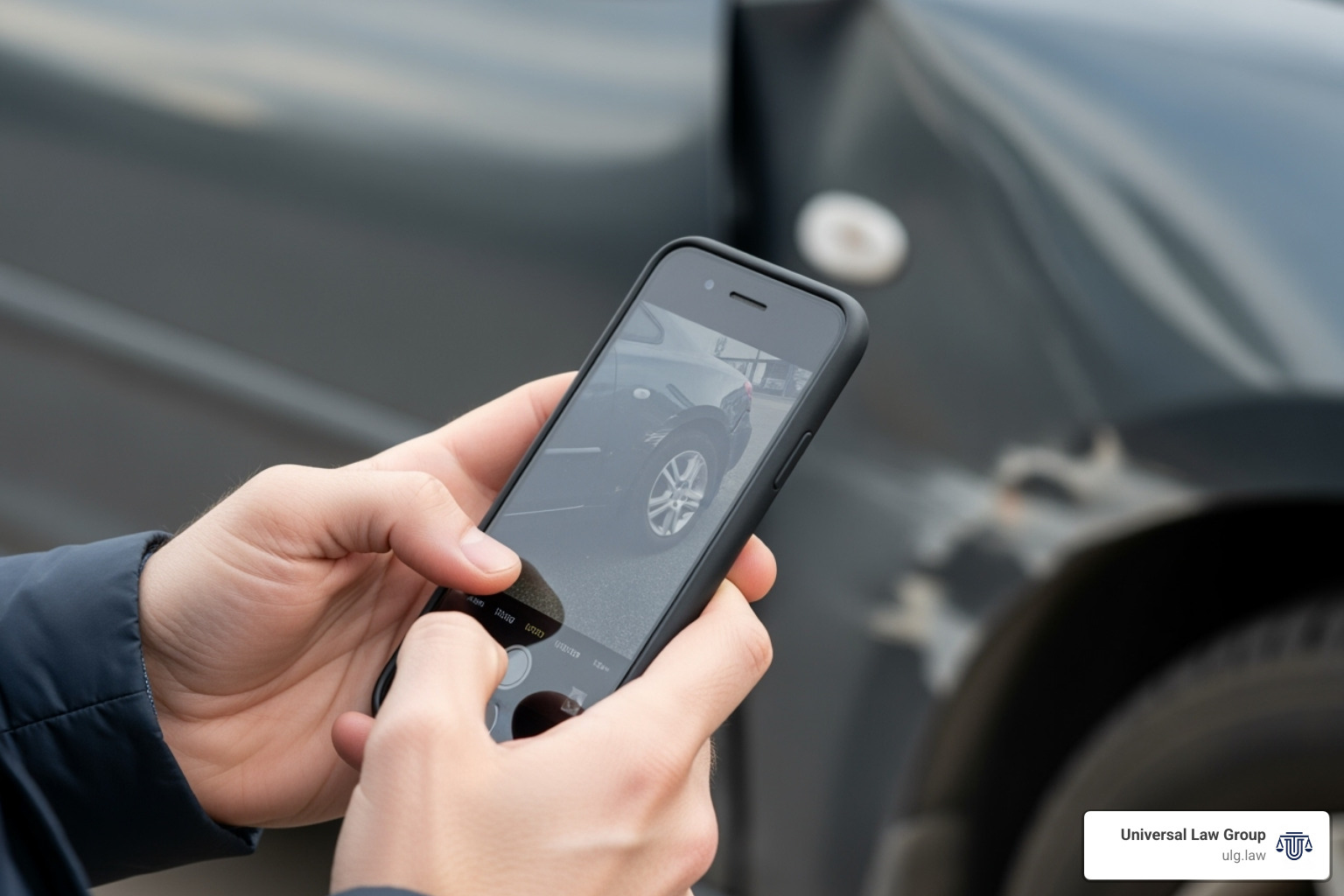 Driver taking photos of car damage with a smartphone - Property damage claim Texas