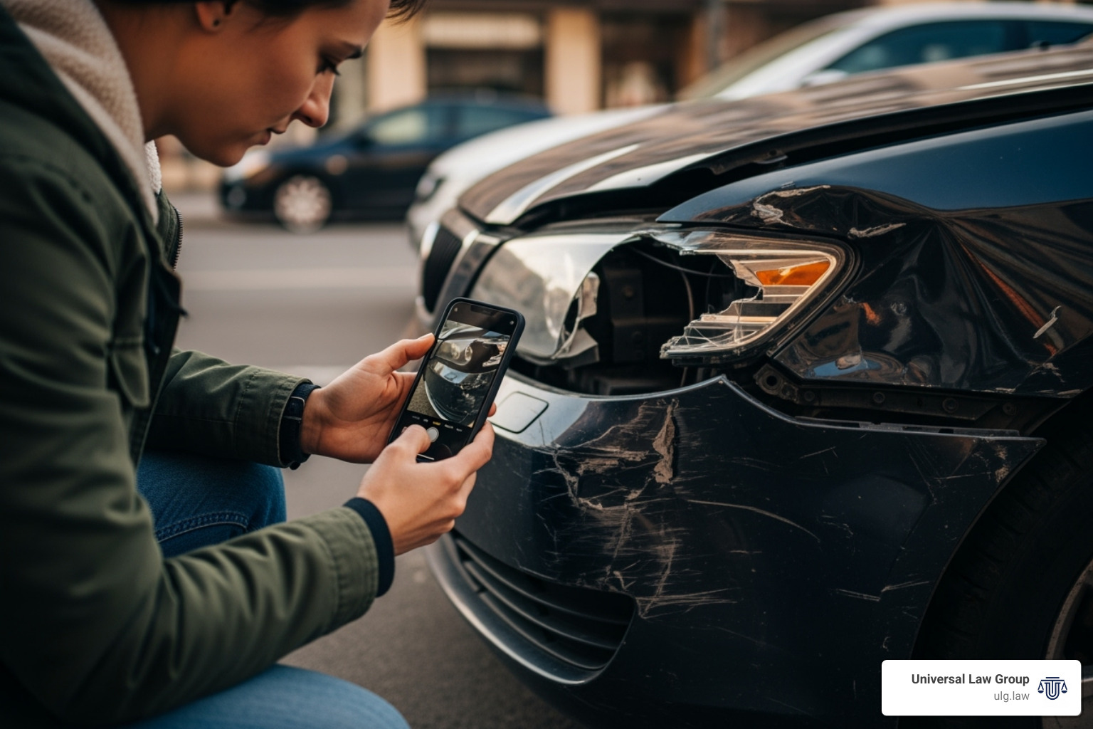 a driver taking photos of car damage with a smartphone - Texas Car Accident Claims